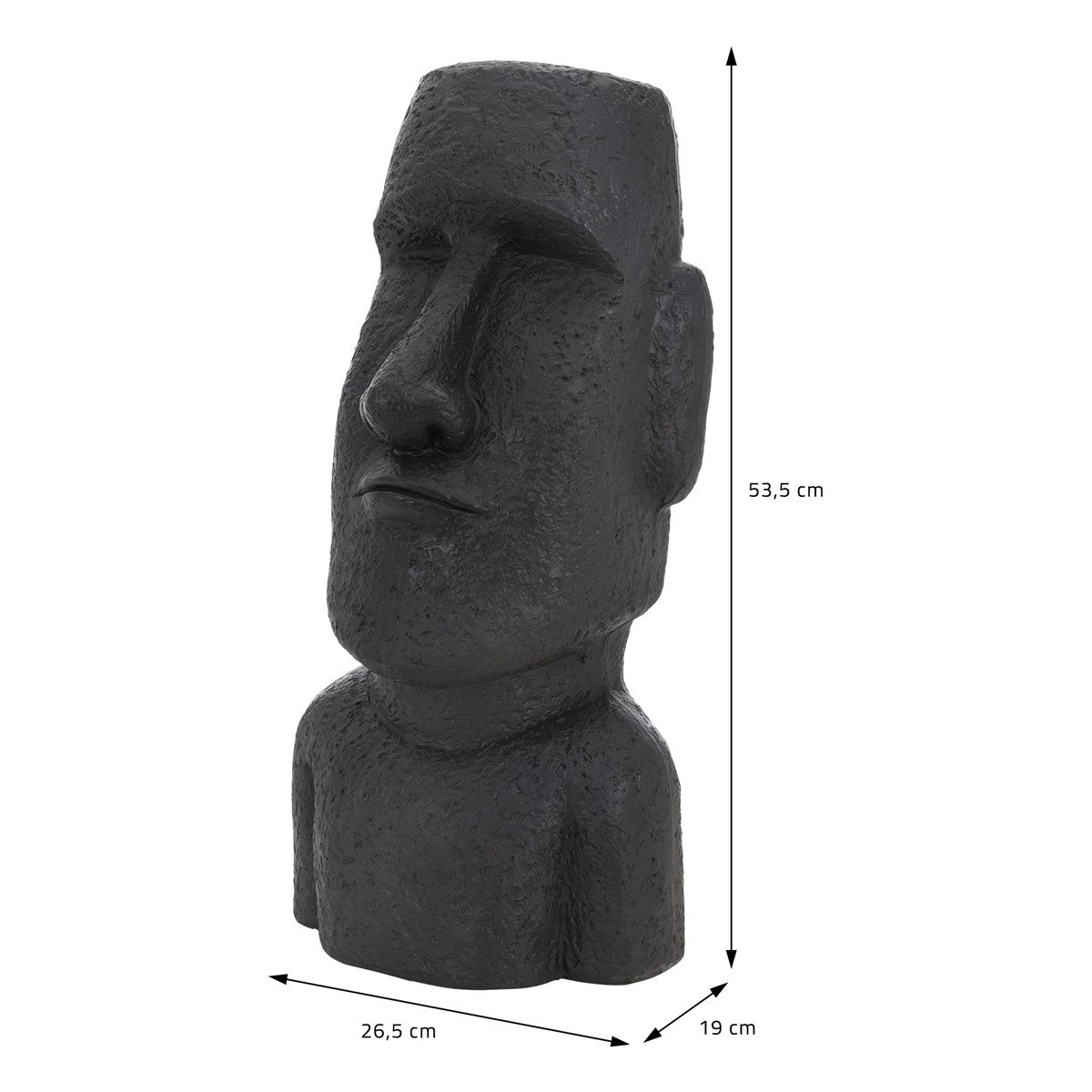 Černá socha Moai s rozměry, zobrazená na bílém pozadí.