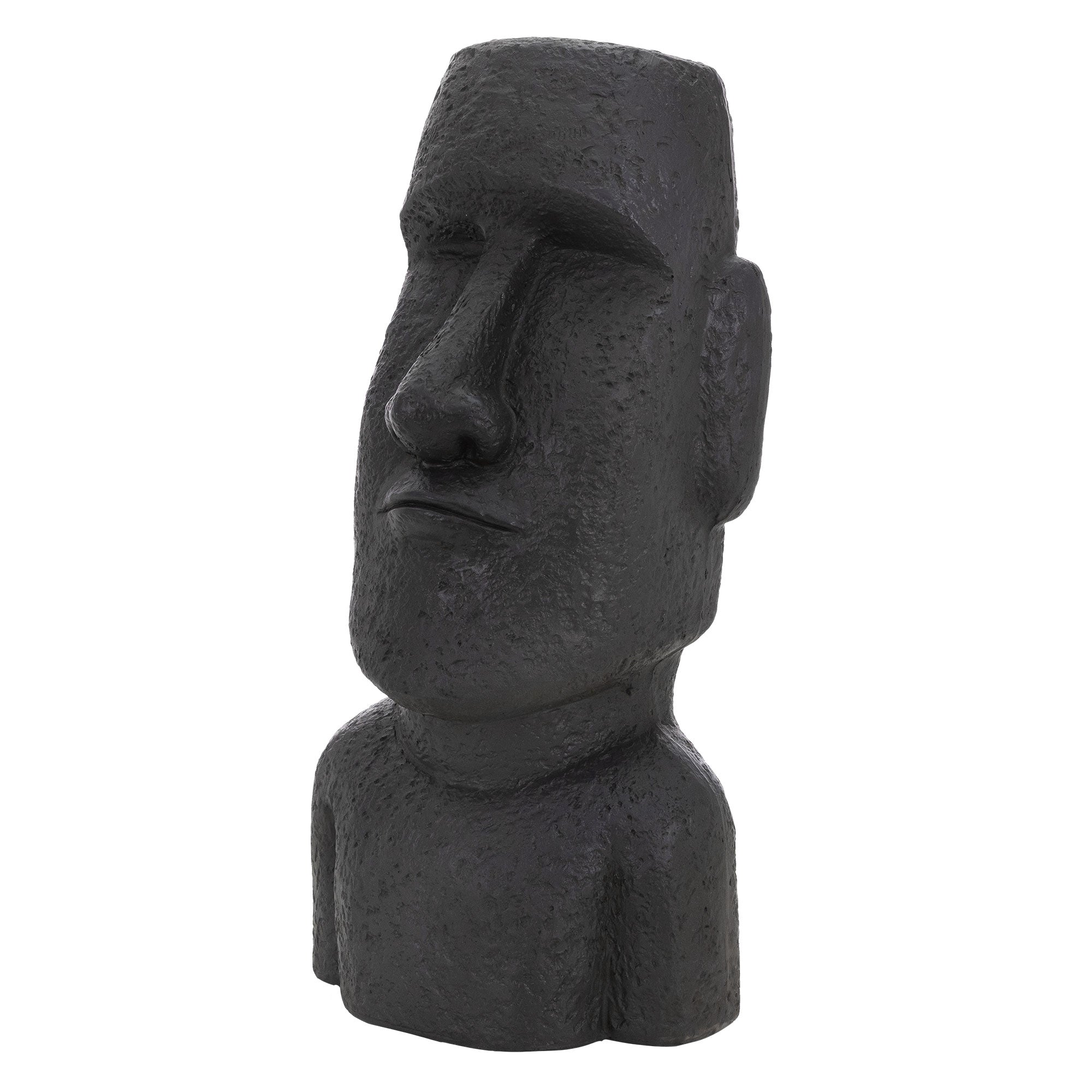 Schwarze Moai Statue mit detaillierter Oberfläche und neutralem Hintergrund.