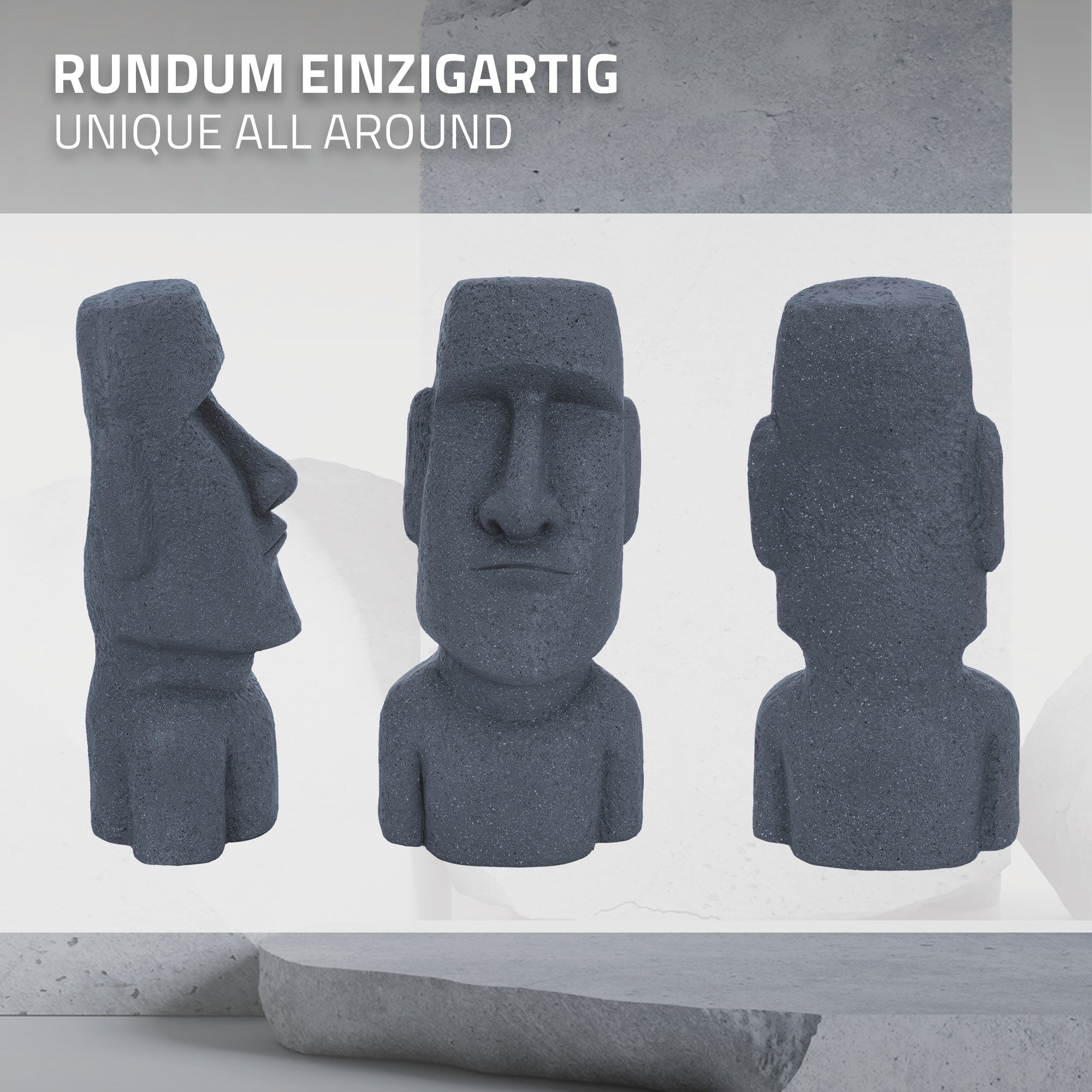 Drei Ansichten einer dunklen Statue, die einem Moai ähnelt.