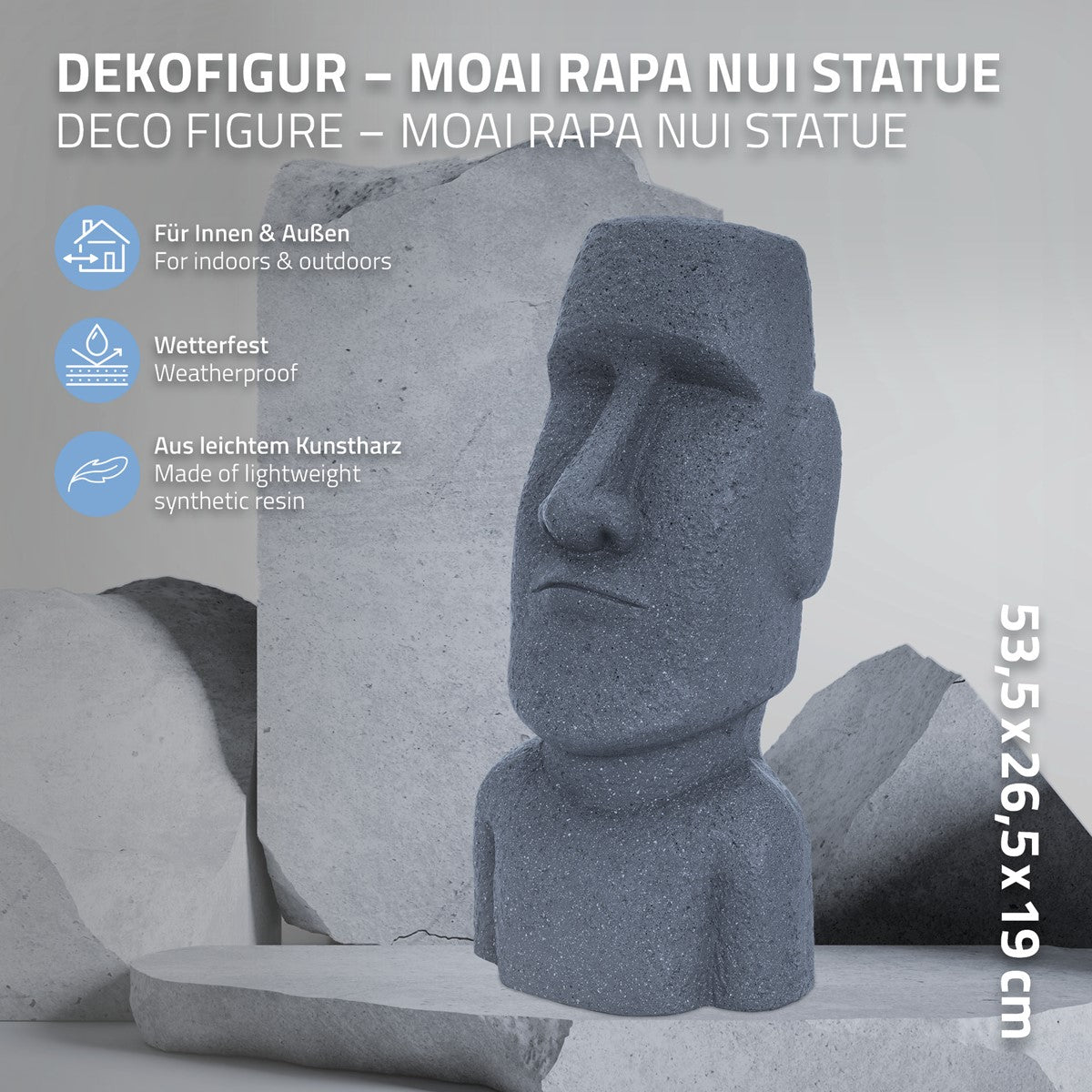 Estátua decorativa Moai Rapa Nui em resina sintética leve, resistente às intempéries.
