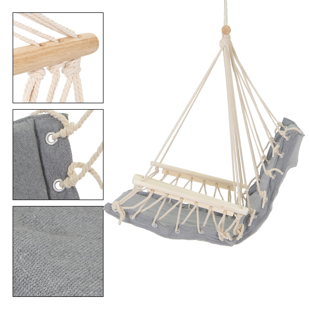 Detailaufnahme eines grauen Hängesessels mit Holzstange und Seilaufhängung.
