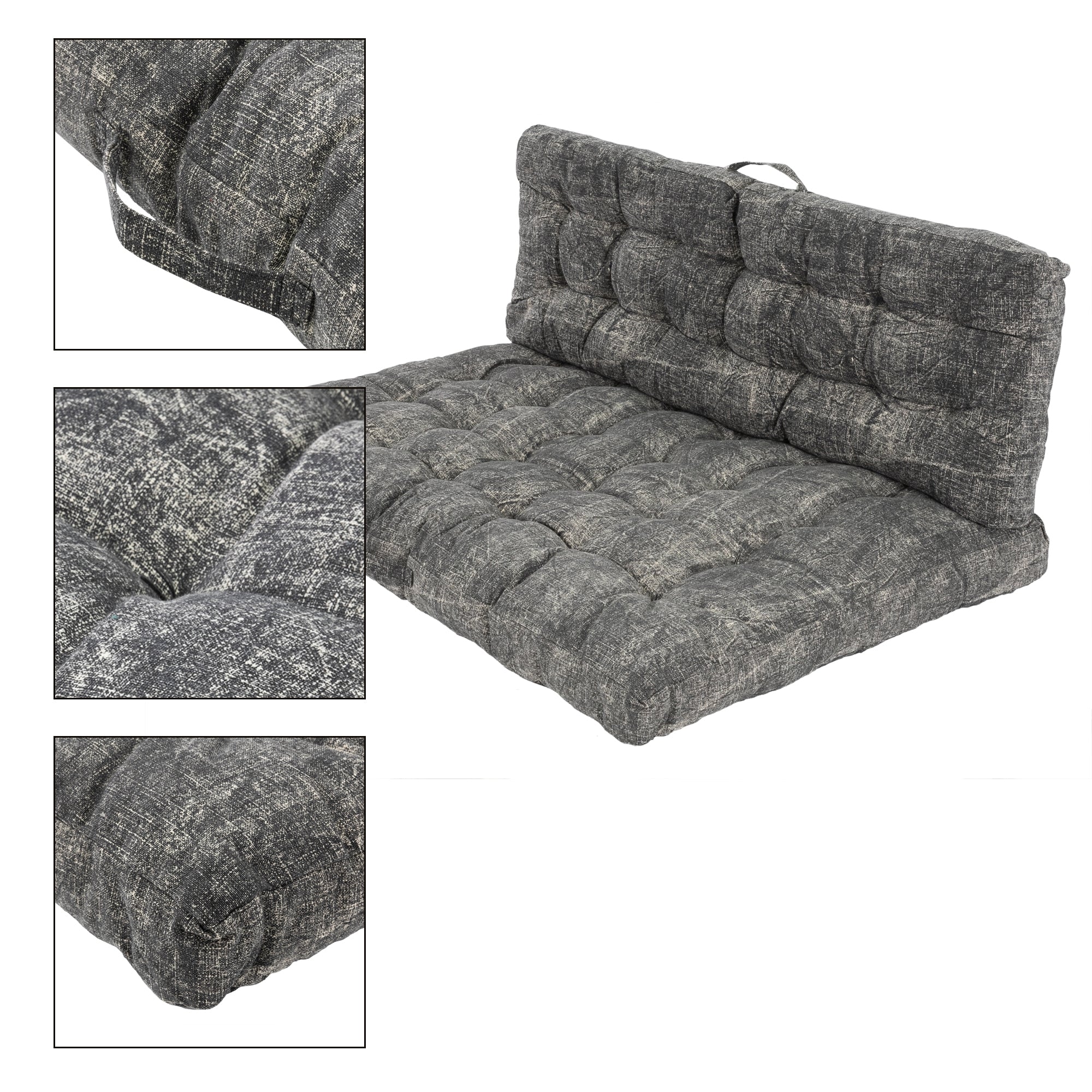 Un cojín de asiento gris, plegado con un respaldo y un asa.