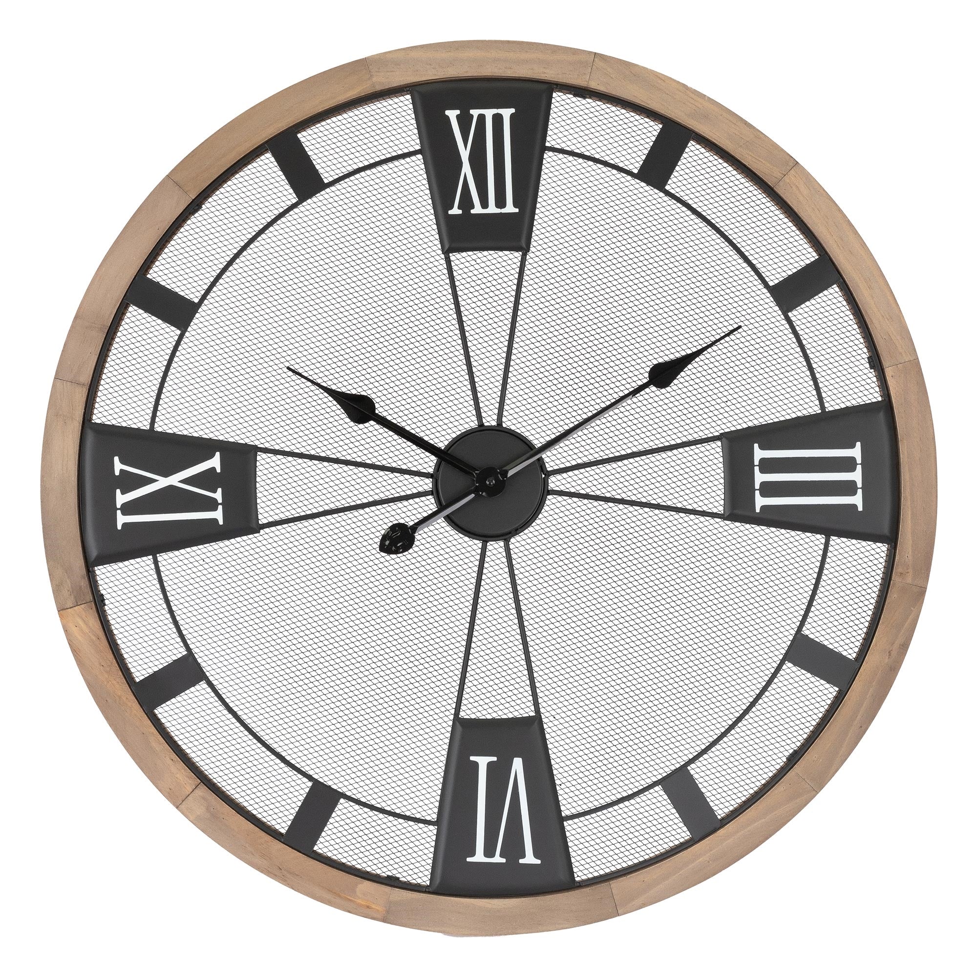 Eine runde Wanduhr mit römischen Ziffern und einem Holzrahmen.