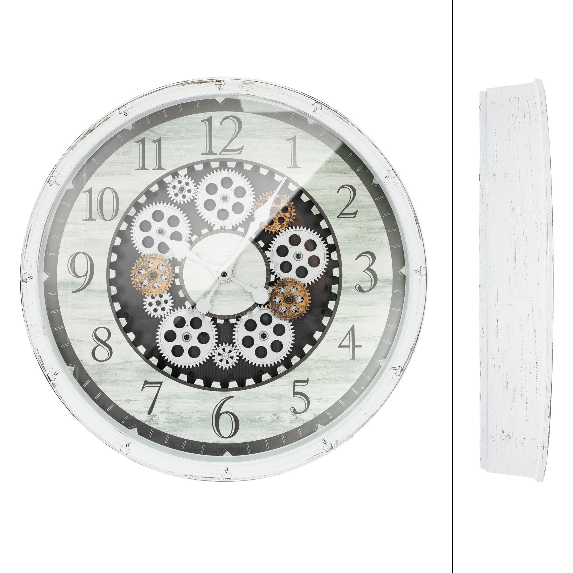 Reloj con engranajes en un marco blanco, visto de frente y de lado.