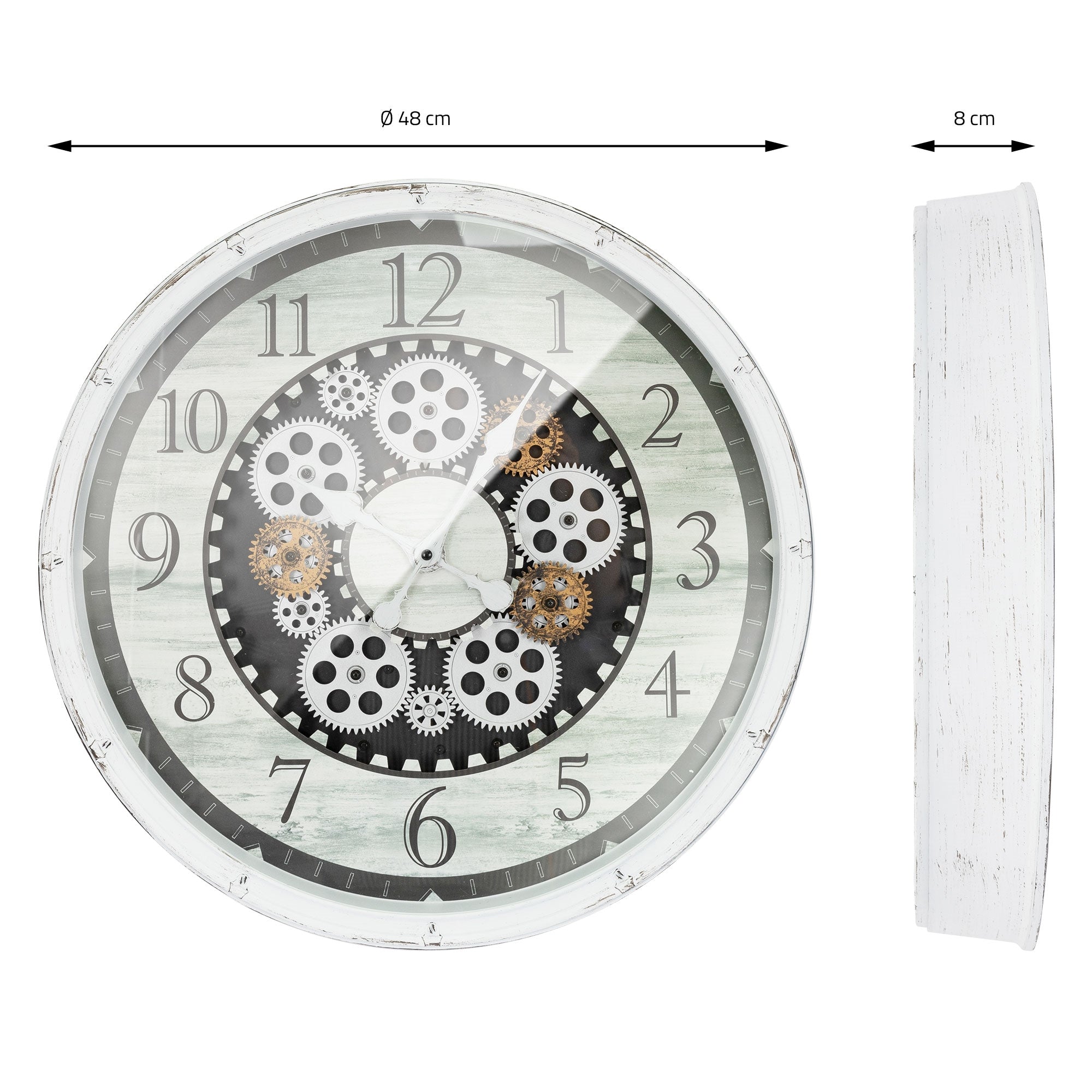 Reloj de pared con engranajes, números blancos y caja transparente.