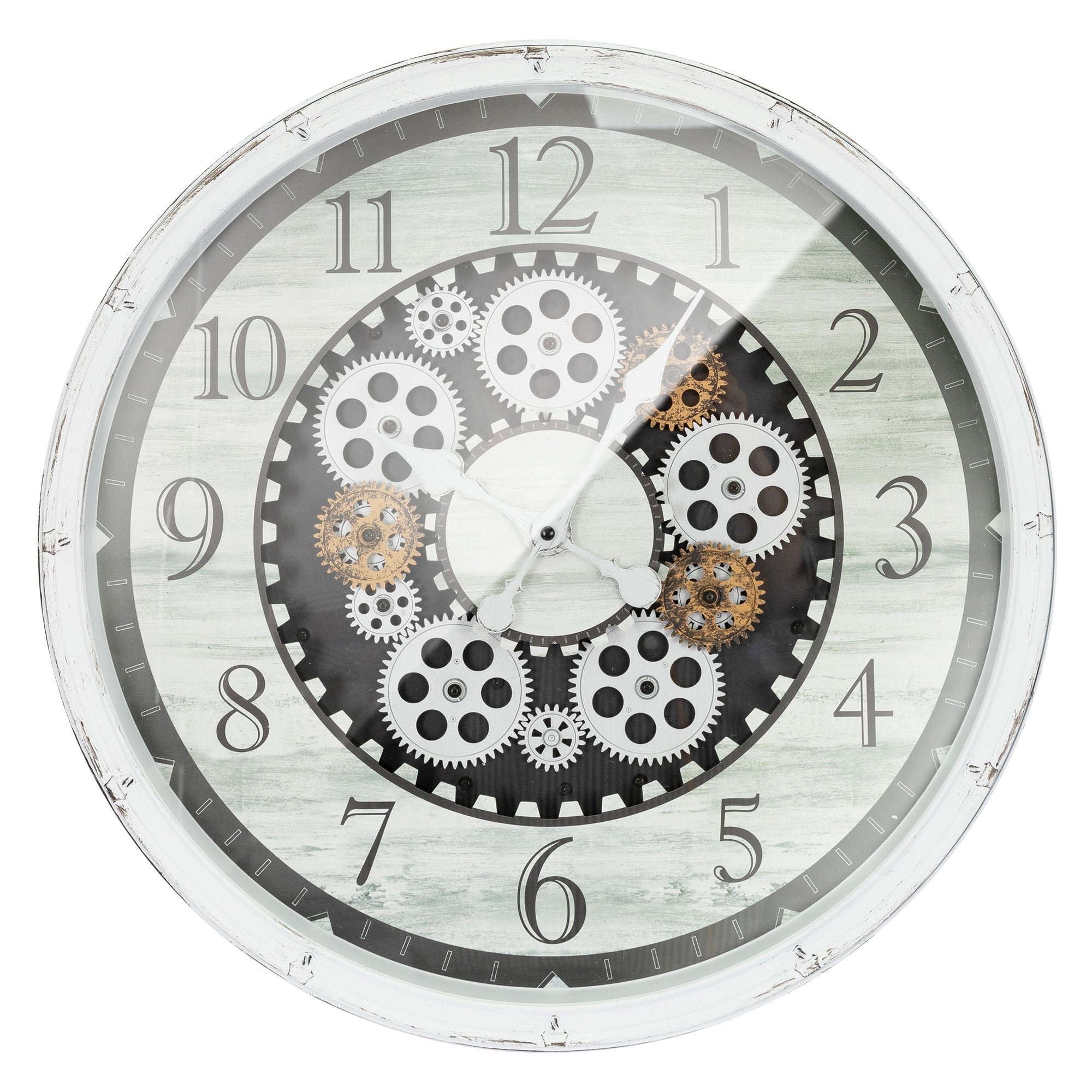 Reloj de pared redondo con engranajes y cubierta clara.