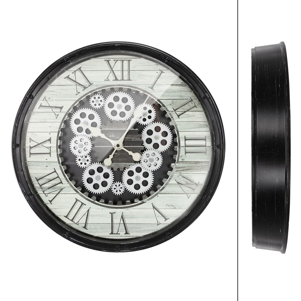 Round wall clock with gears on the dial and a black frame.