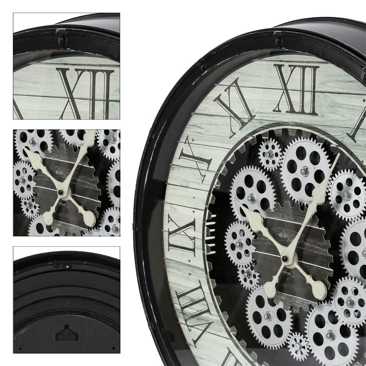 Wall clock with gears, Roman numerals and a black dial.