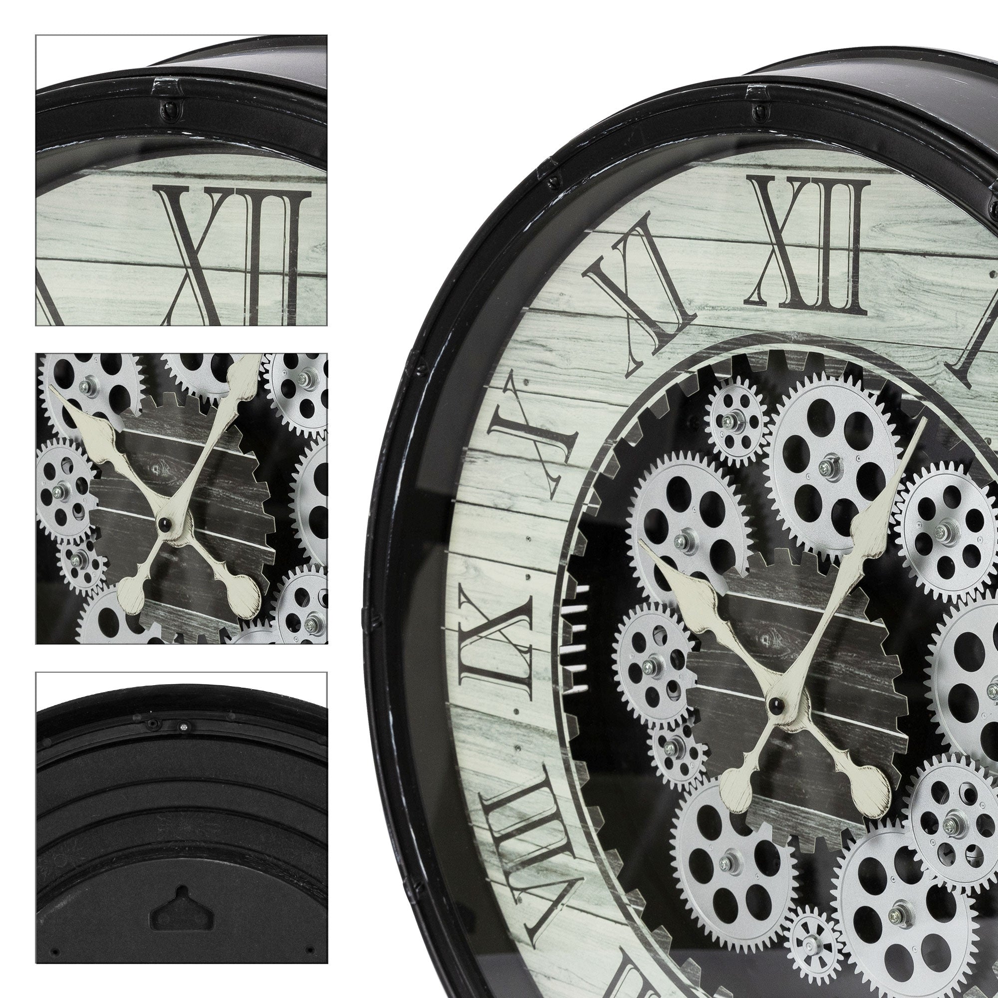 Wanduhr mit Zahnrädern, römischen Ziffern und schwarzem Ziffernblatt.