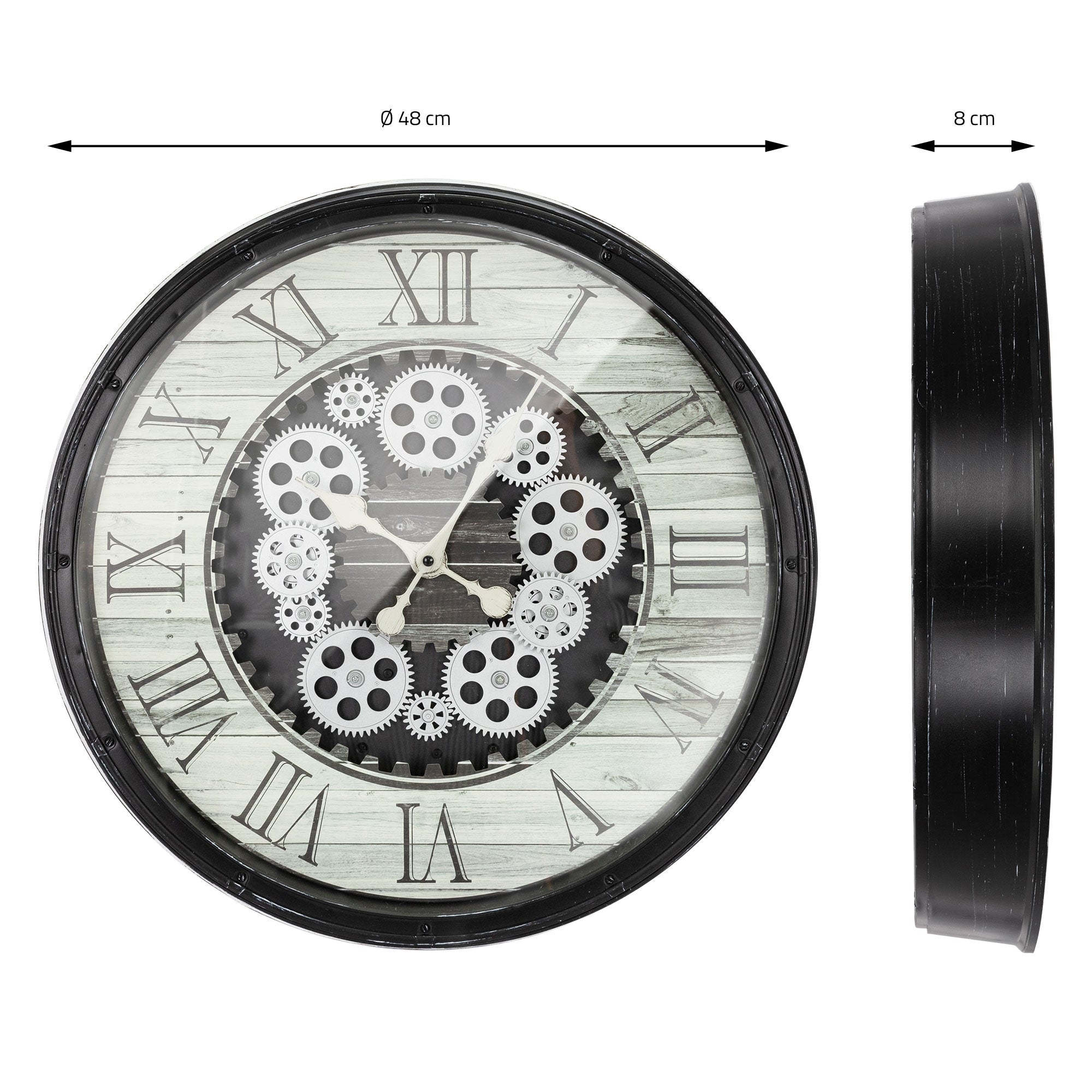 Eine runde Wanduhr mit Zahnrädern und römischen Ziffern, seitlich abgebildet.
