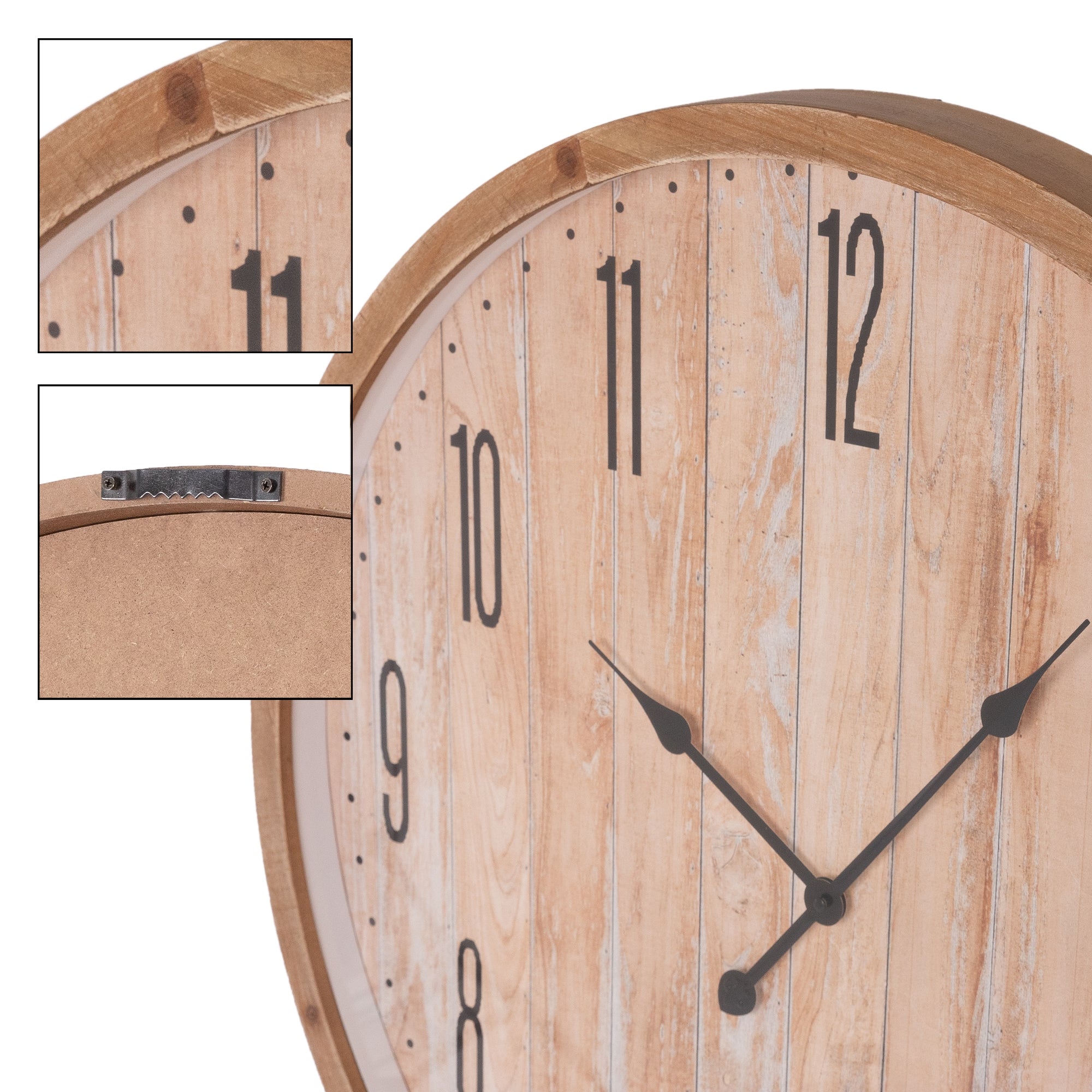 Wanduhr mit Holzrahmen, Ziffernblatt aus Holz, schwarze Zeiger.