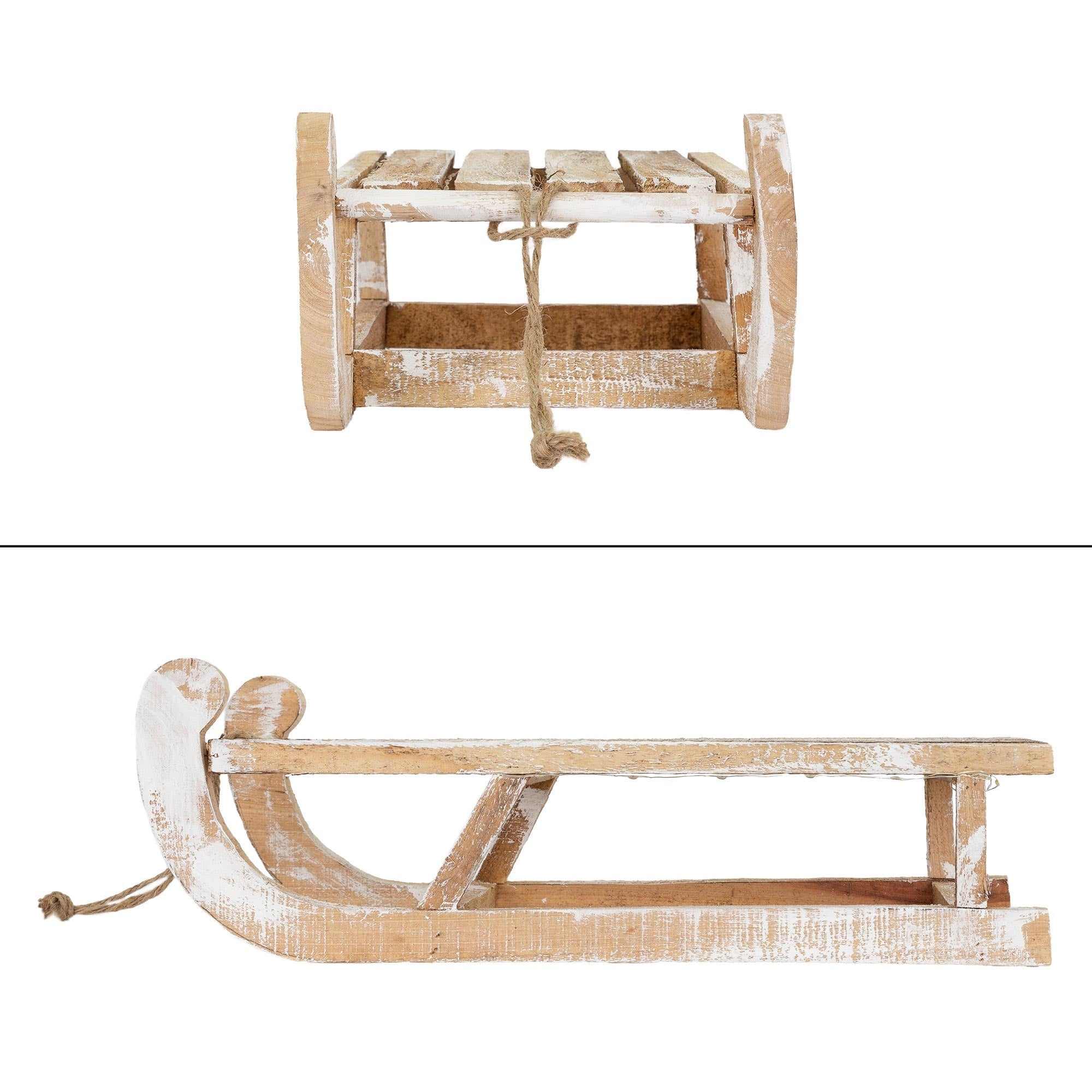 Ein kleiner Holzschlitten, von oben und von der Seite abgebildet.