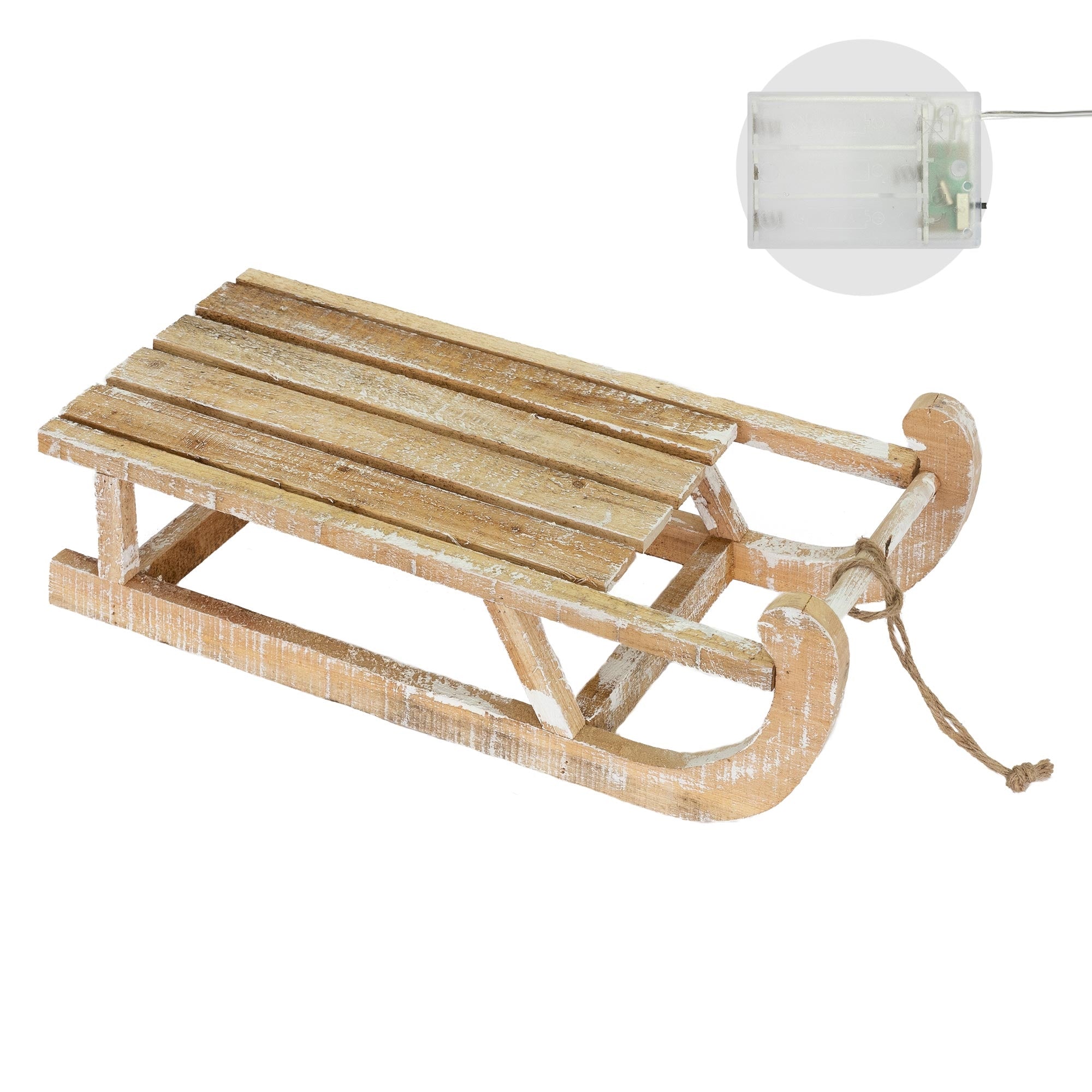 Holzschlitten mit Kufen und einer Schnur zum Ziehen, im Hintergrund ein transparentes Element.