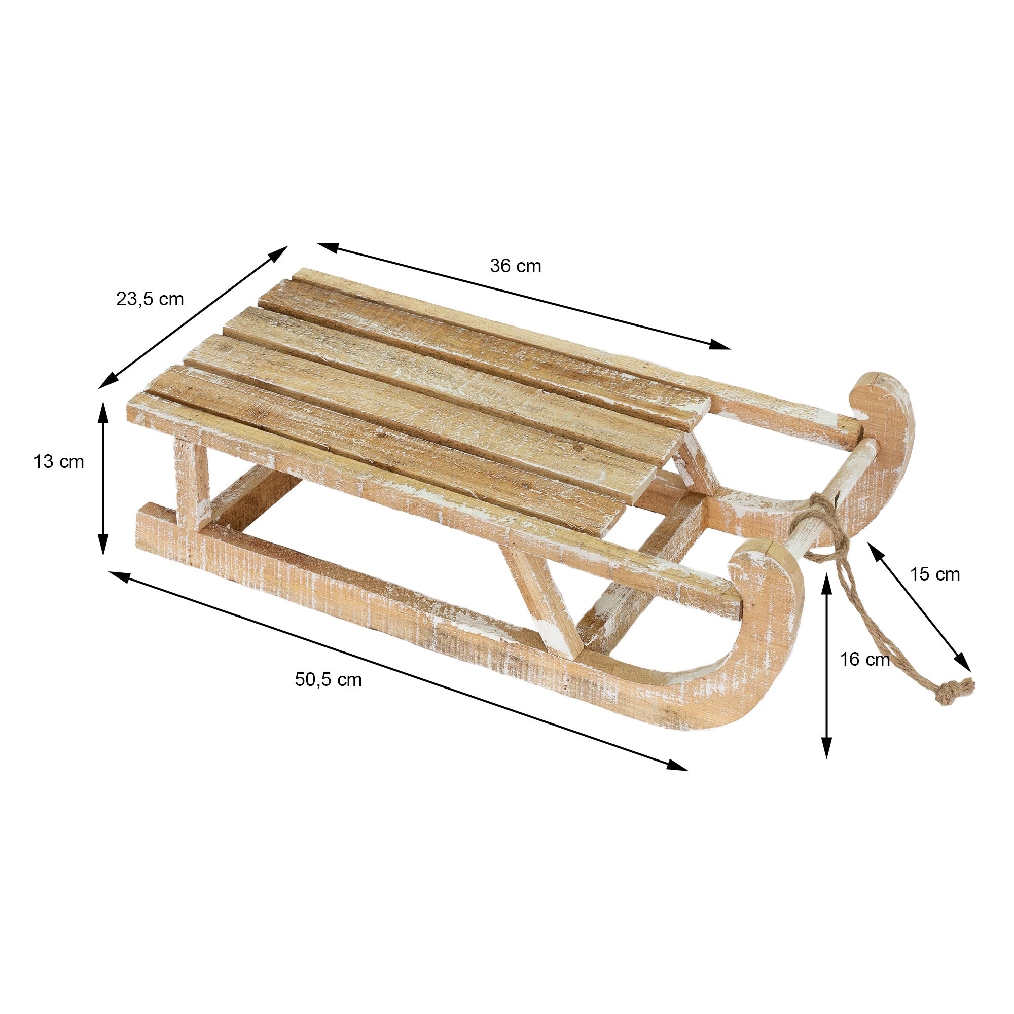 Holzschlitten mit Maßen: 50,5 cm lang, 36 cm breit, 23,5 cm hoch.