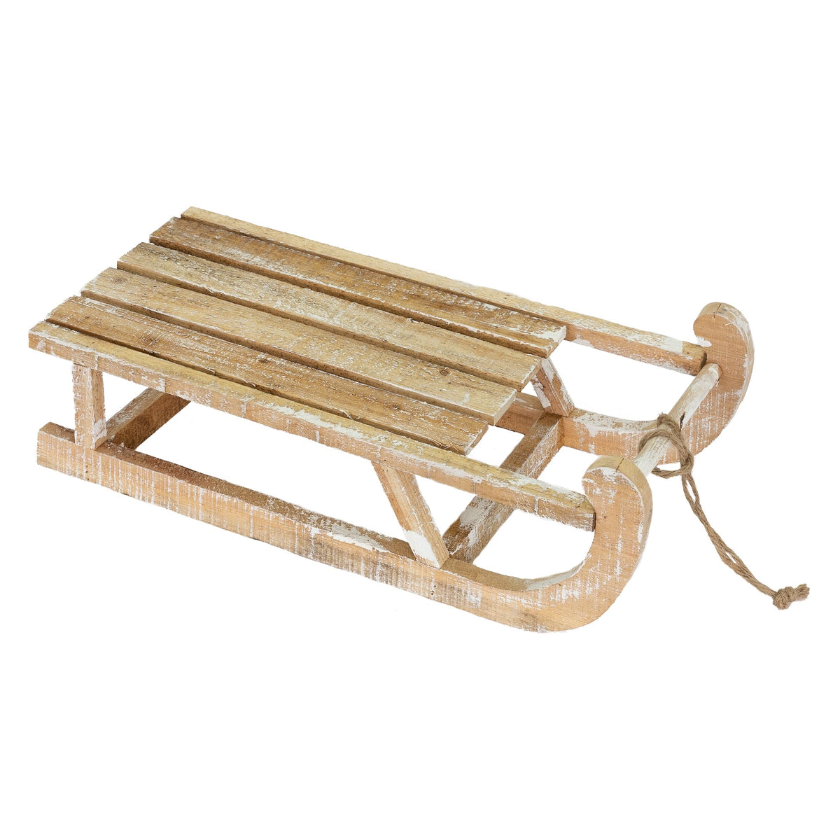 Holzschlitten mit mehreren Latten und einer Schnur zum Ziehen.