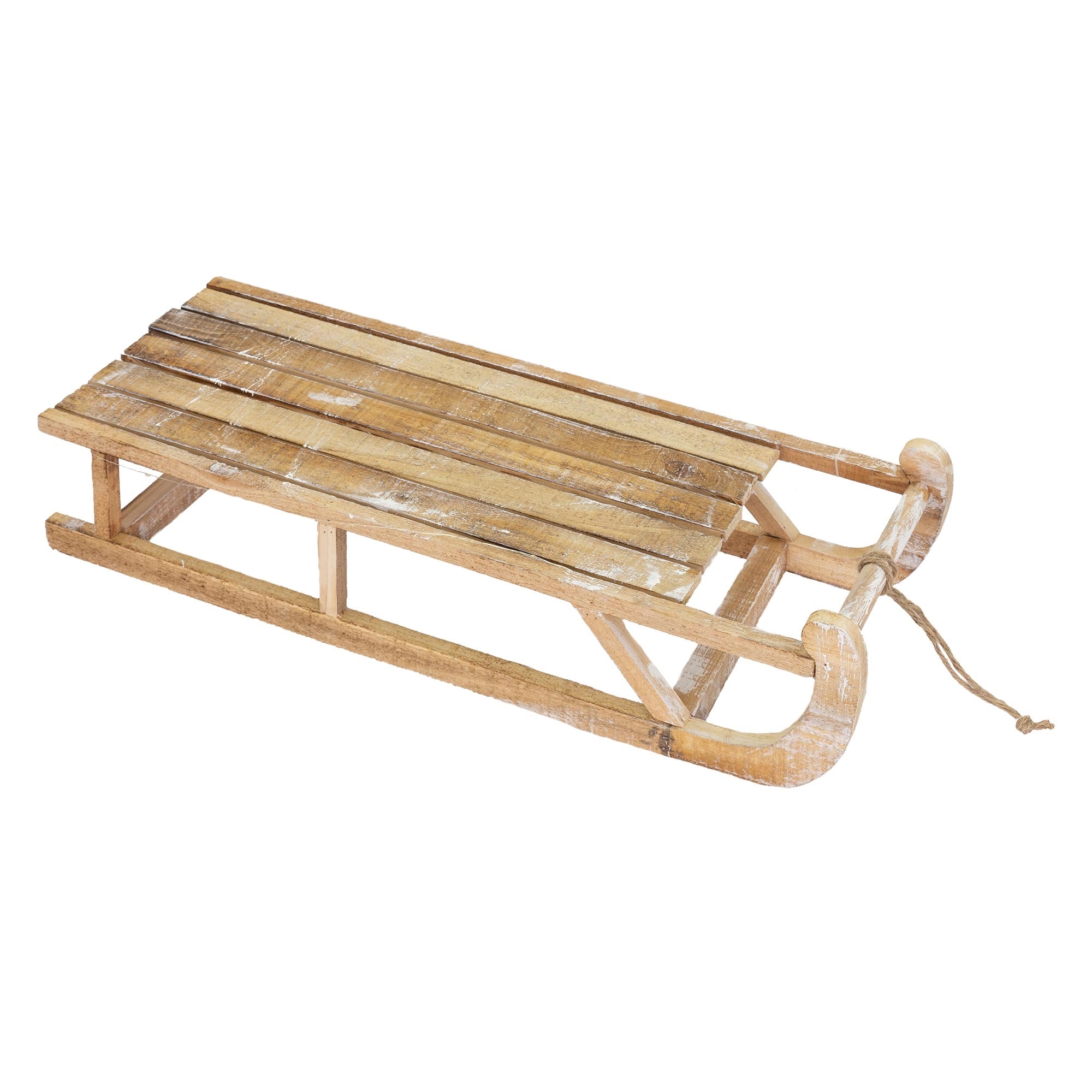 Luge en bois de couleur naturelle avec une corde.