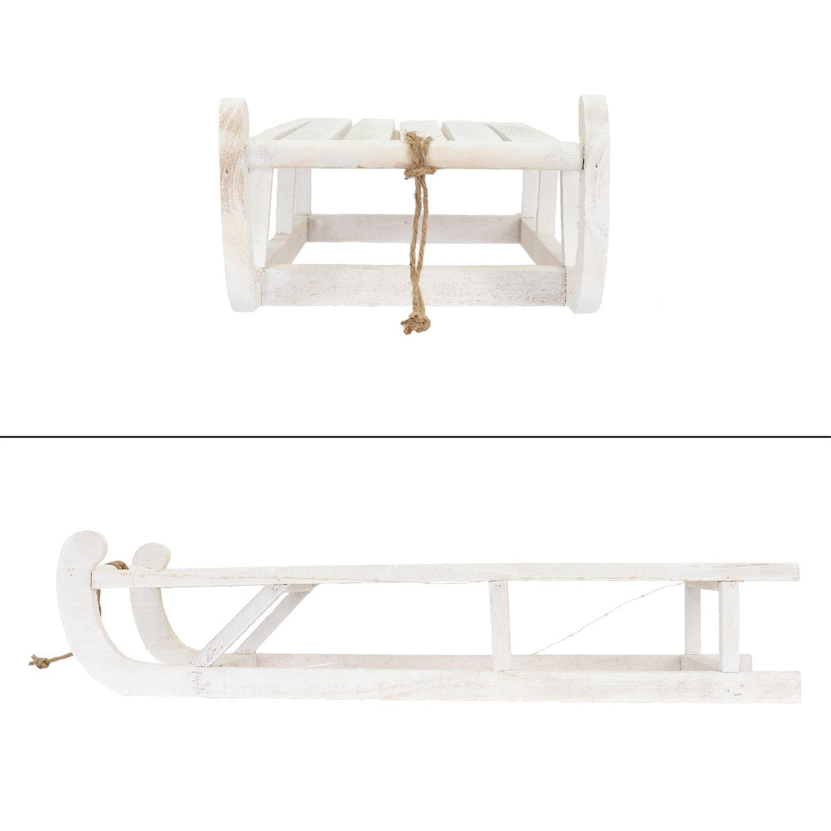 White wooden sled with a rope, shown from above and from the side.