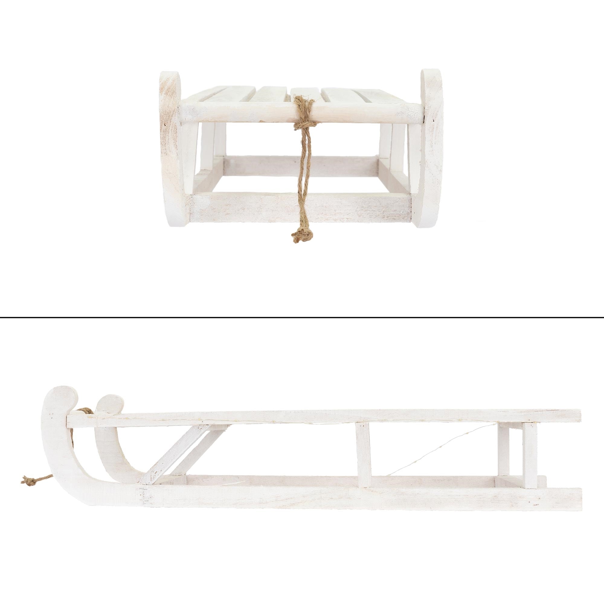 Luge blanche en bois avec corde, vue de dessus et de côté.