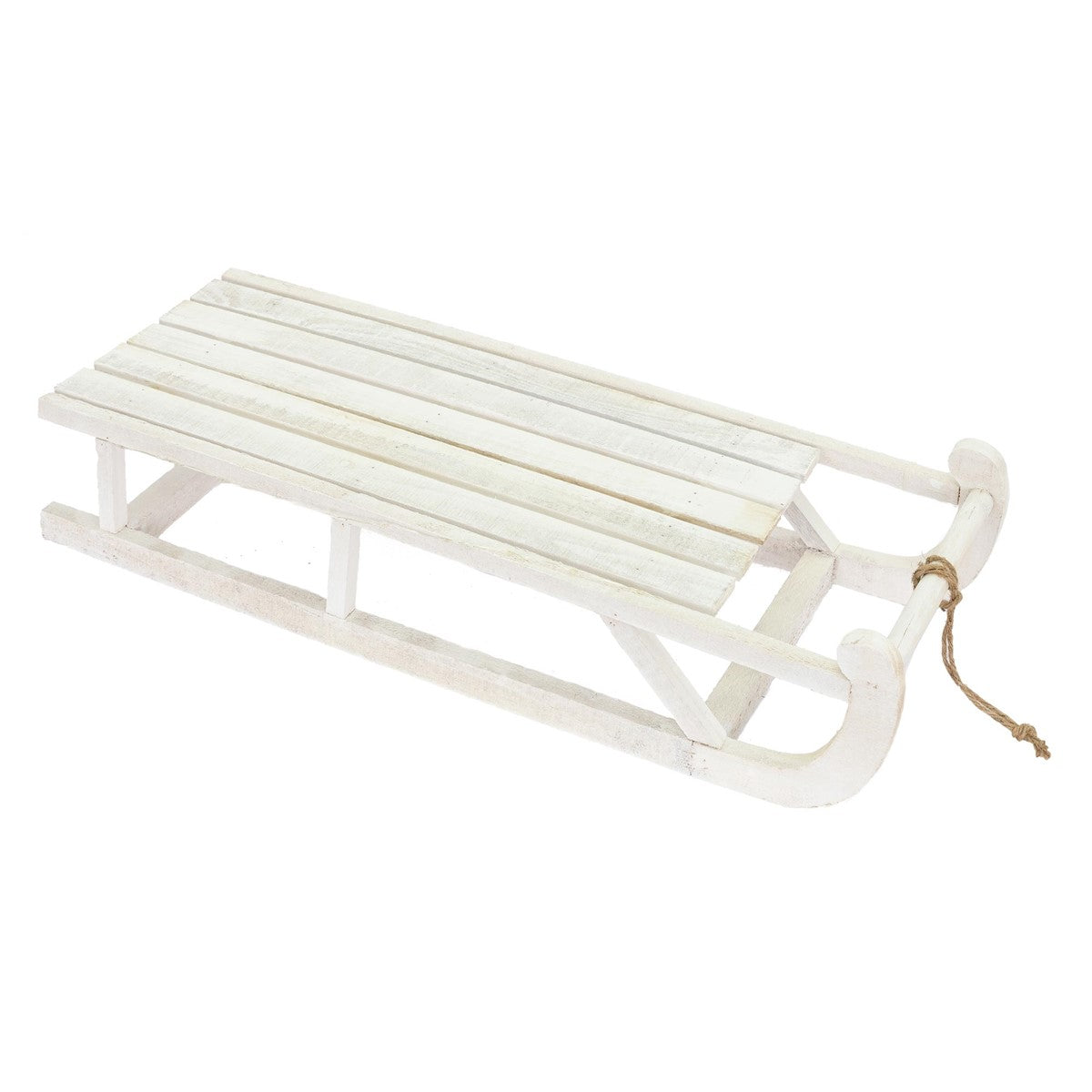 White wooden sleigh with flat seats and a cord.