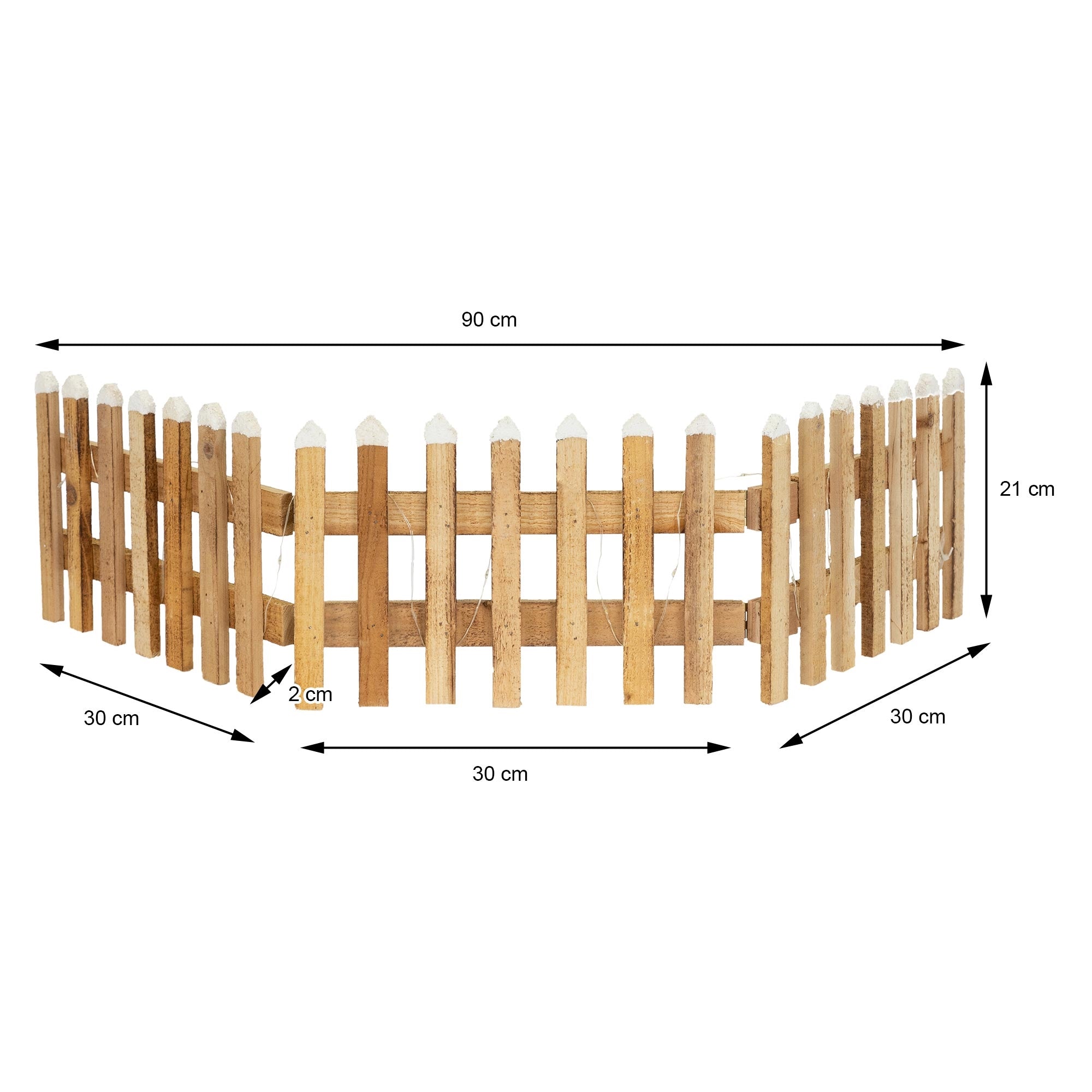 Holzzaun mit spitzen Pfosten, 90 cm lang, 21 cm hoch, 30 cm breite Abschnitte.