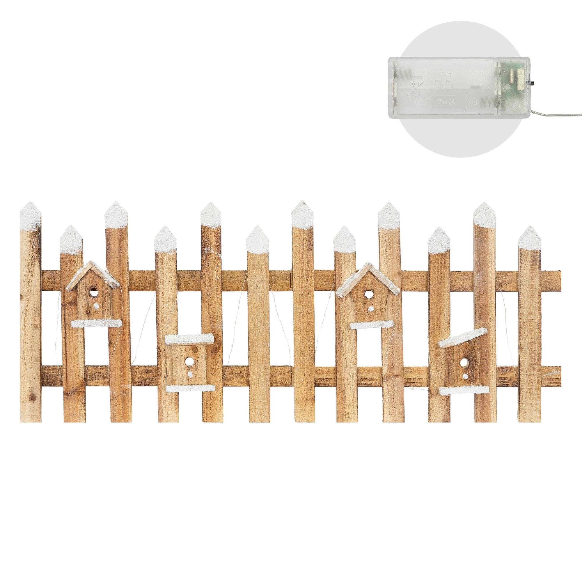 Holzfarbener Zaun mit weißen Spitzen und einer kleinen Steuerbox.