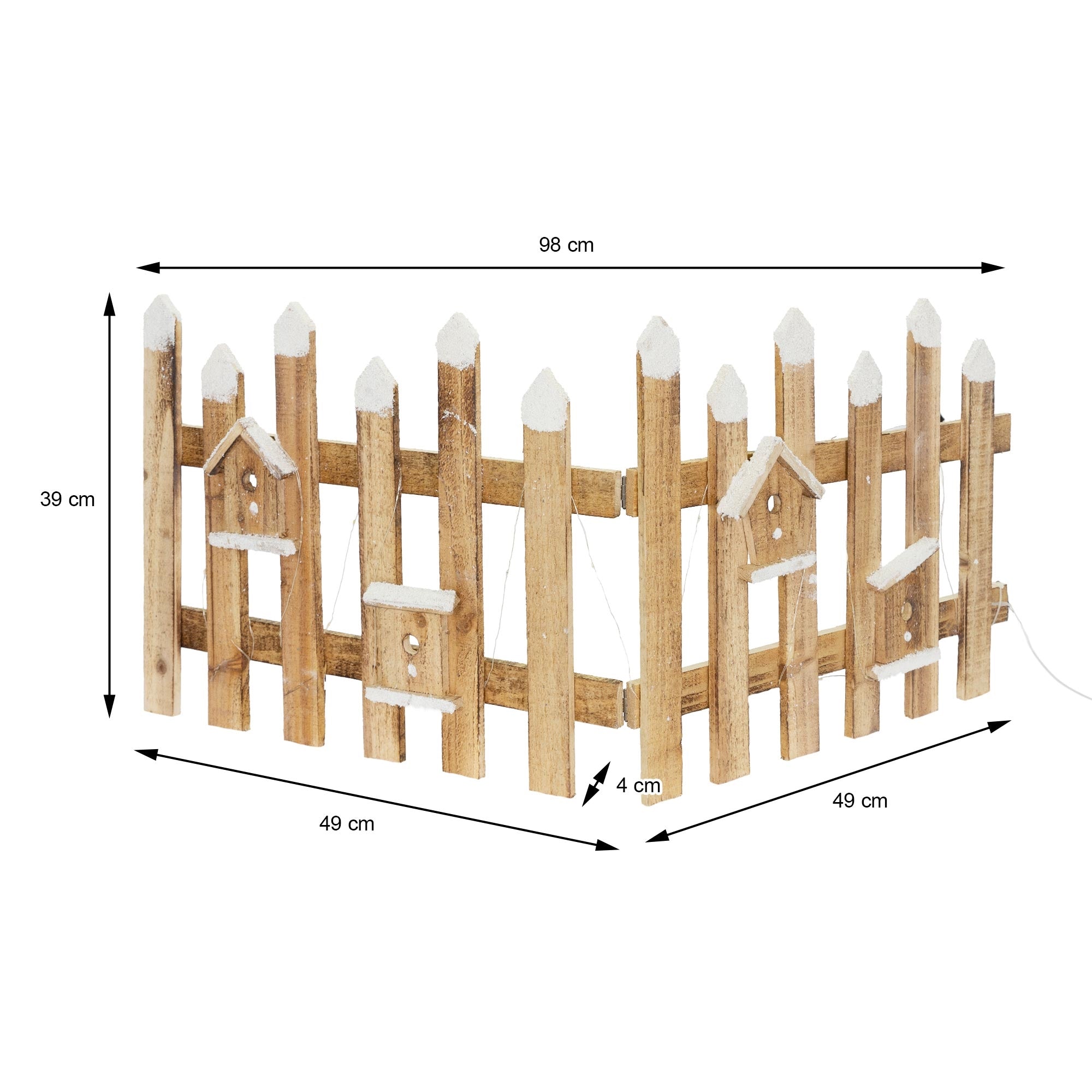 Maße eines braunen Holzlattenzauns mit Vogelhäusern.