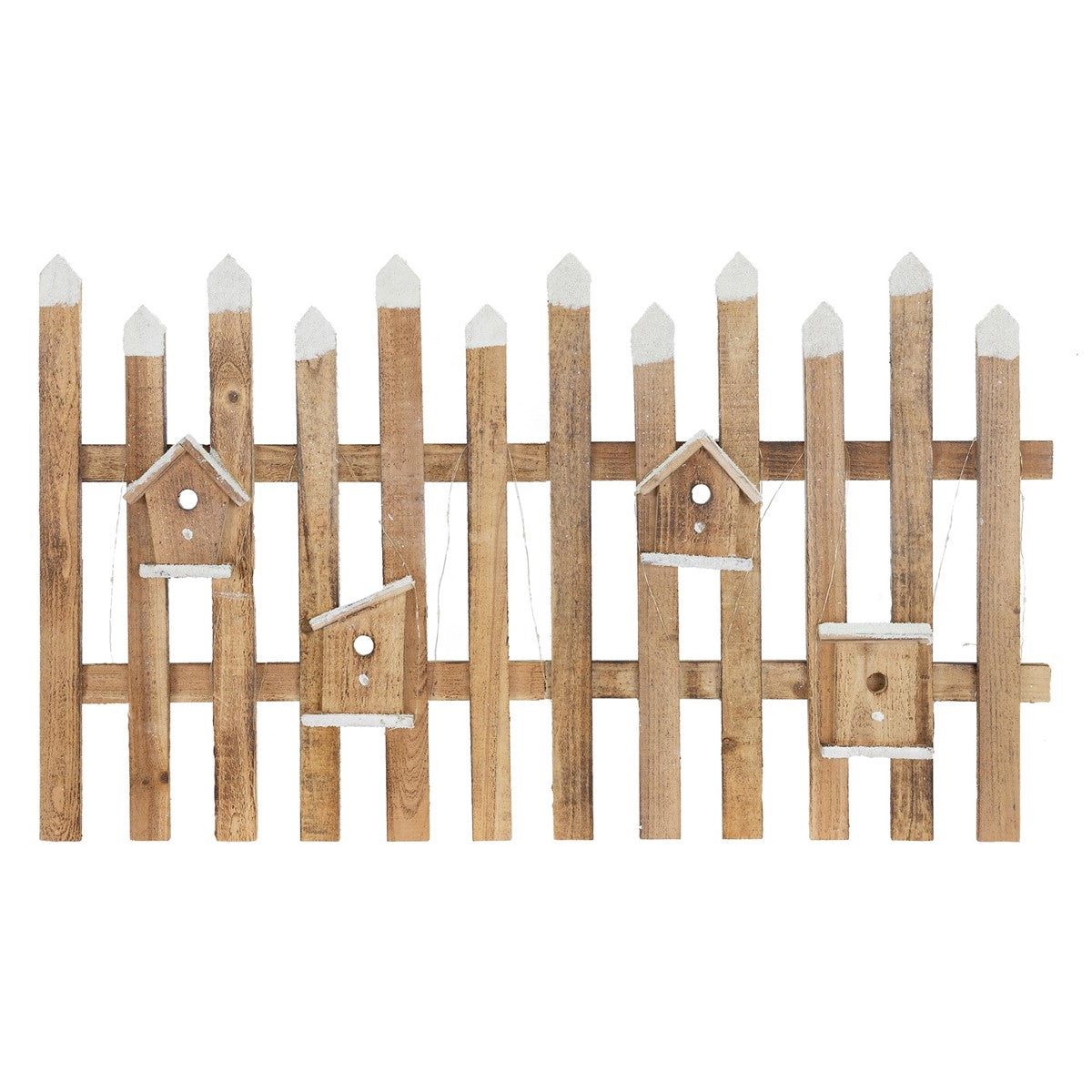Holzlattenzaun in natürlicher Farbe mit kleinen Vogelhäusern.