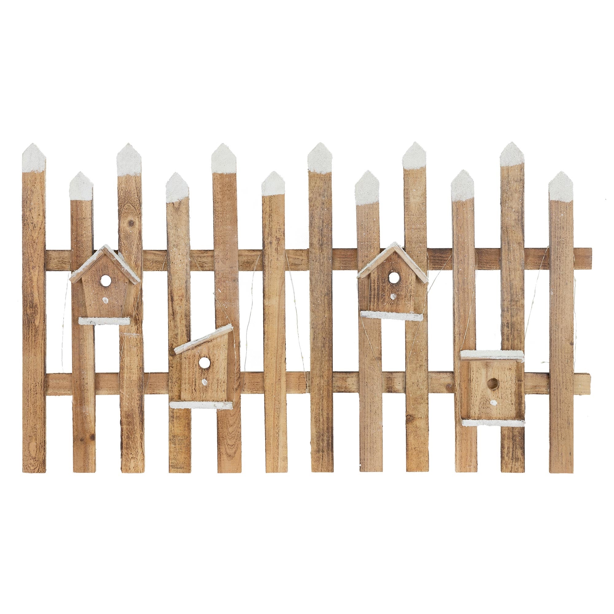 Valla de tablones de madera en color natural con pequeñas casas para pájaros.