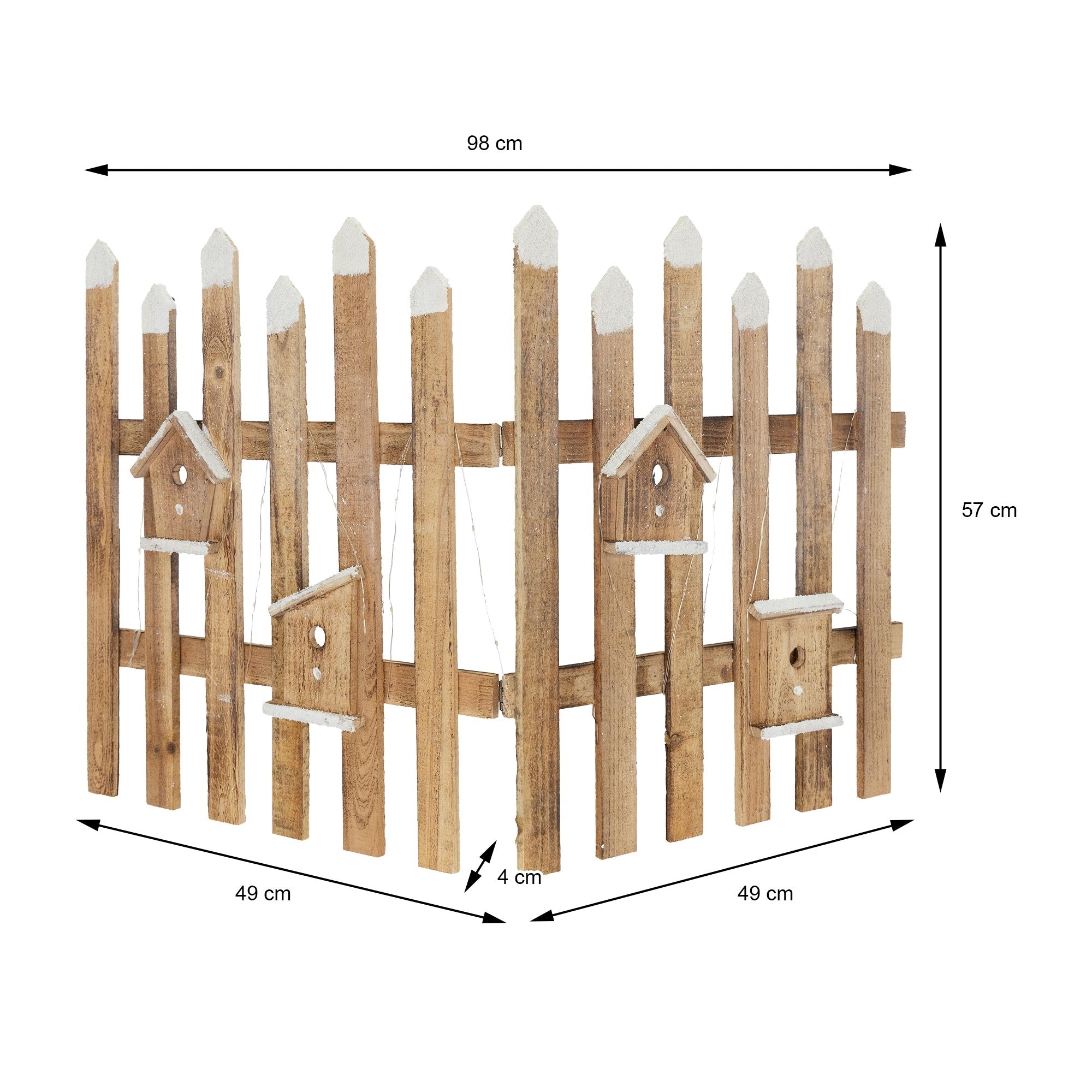 Valla de color madera con puntas blancas y casas para pájaros, medidas: 98 cm x 57 cm x 4 cm.