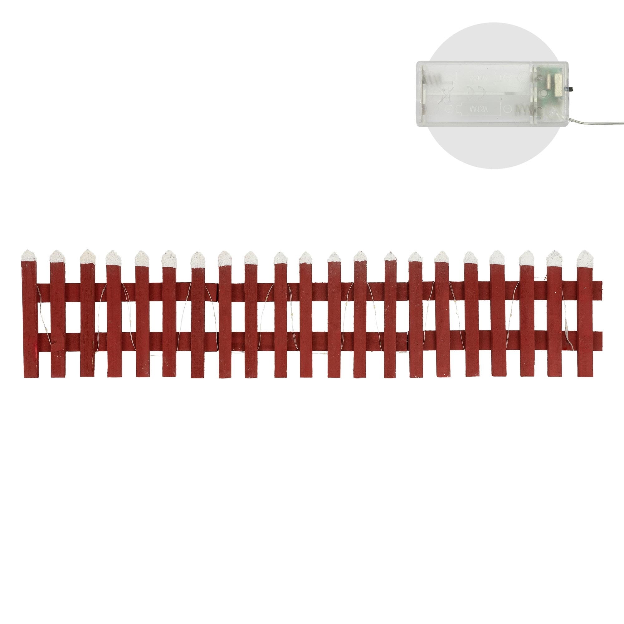 Larga pared de madera roja con puntas blancas y conexión de alambre.