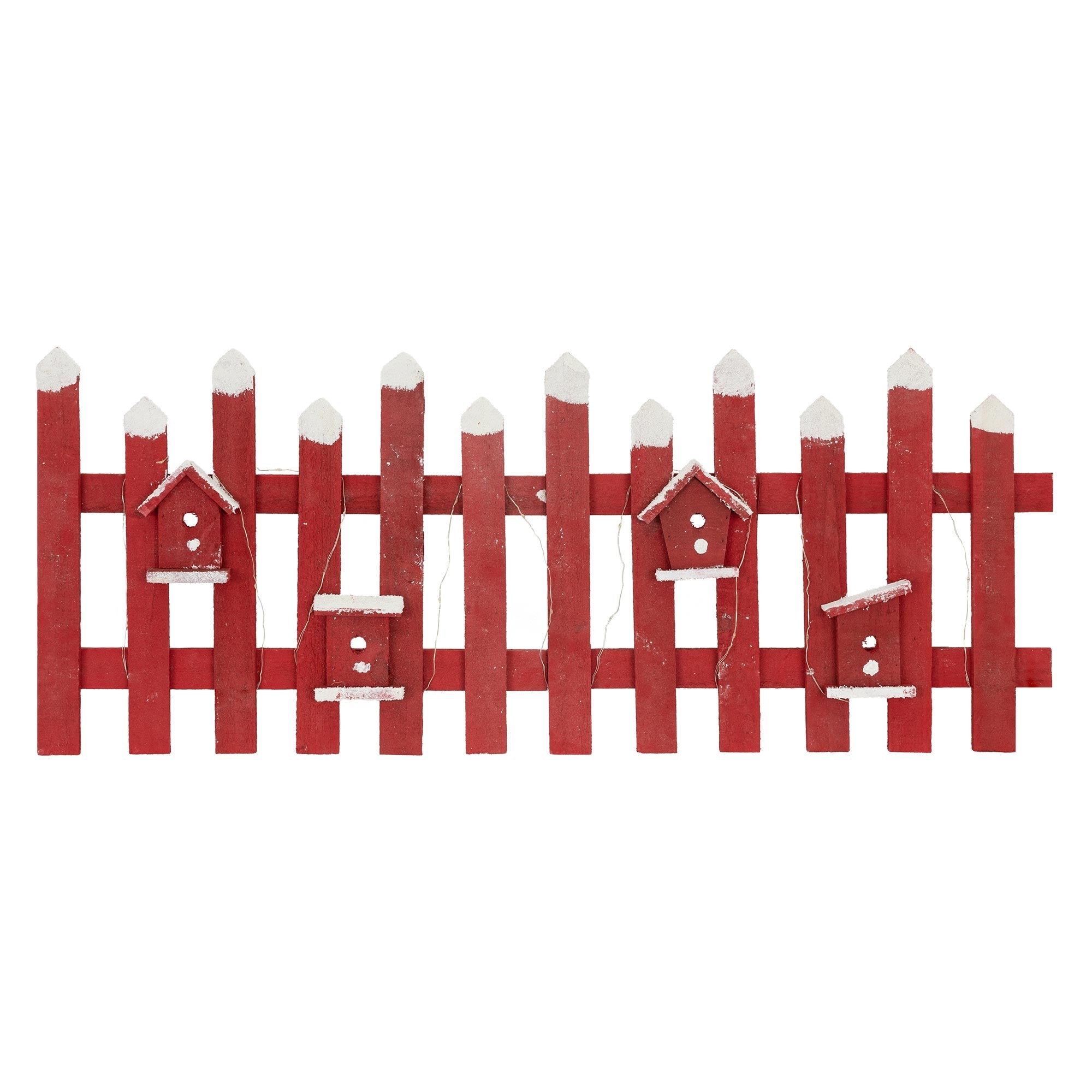 Rote Holzlattenzaun mit mehreren Vogelhäusern.