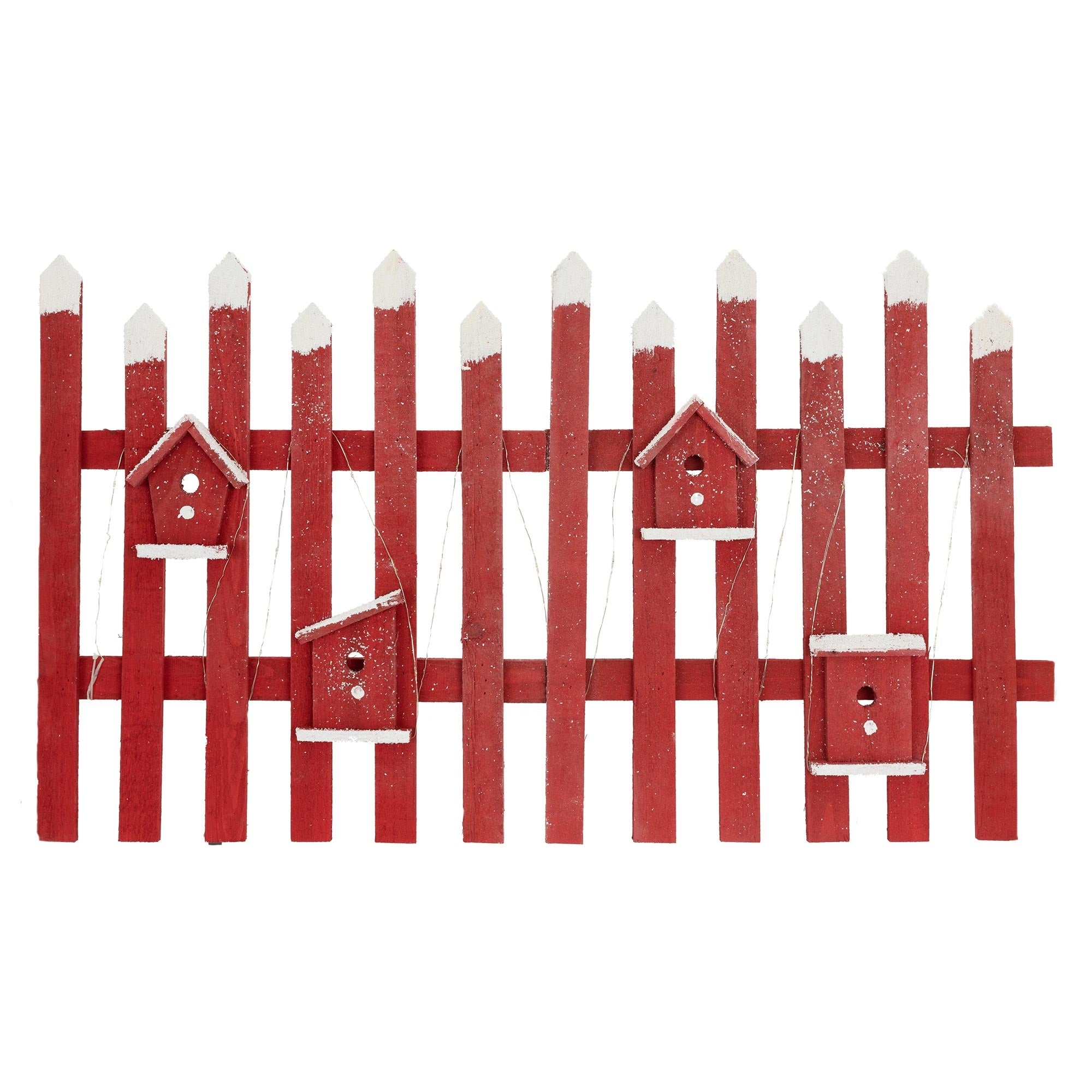 Rote Holzlattenzaun mit kleinen Vogelhäusern.