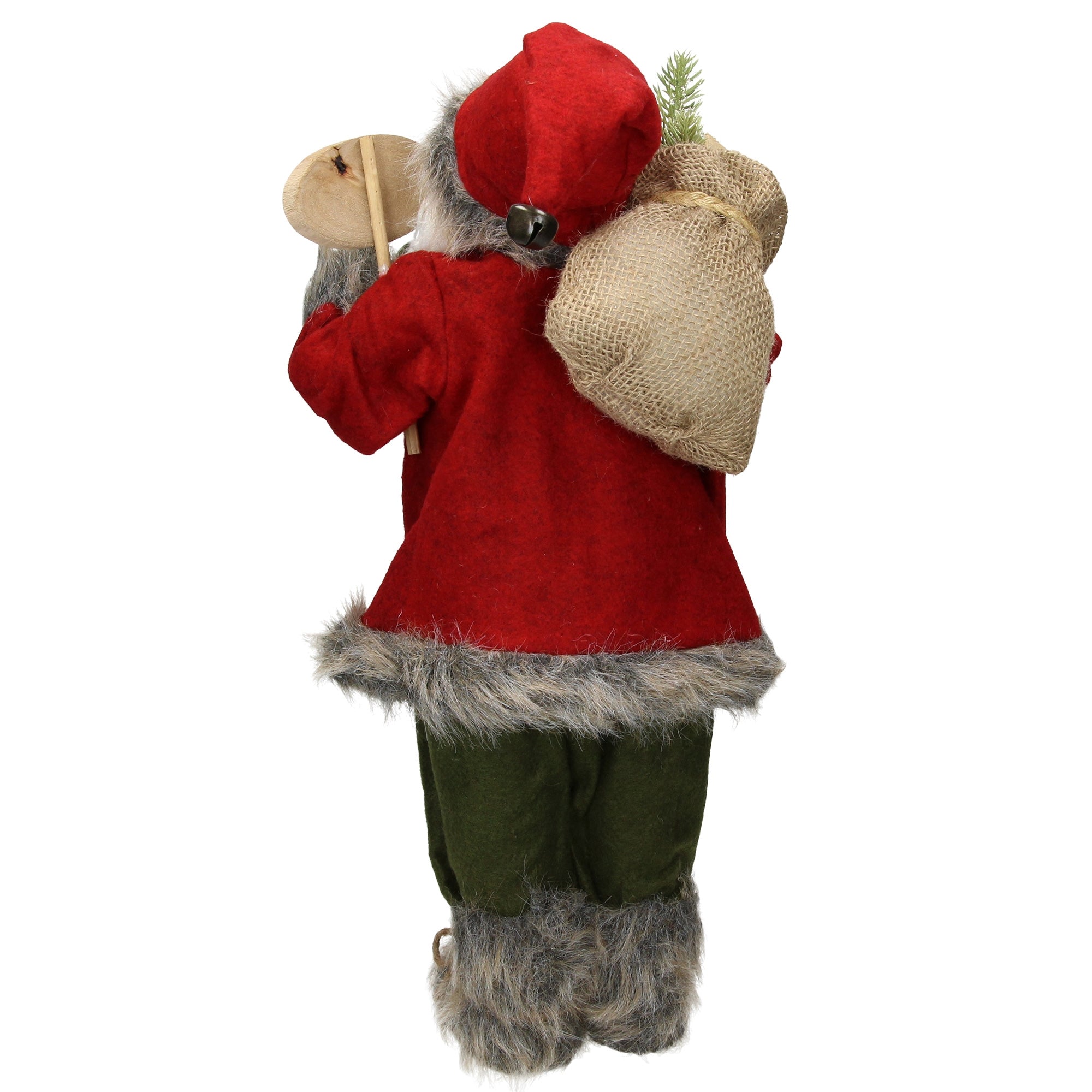 Achteraanzicht van een kerstman in een rood outfit met een zak en een stok in de hand.