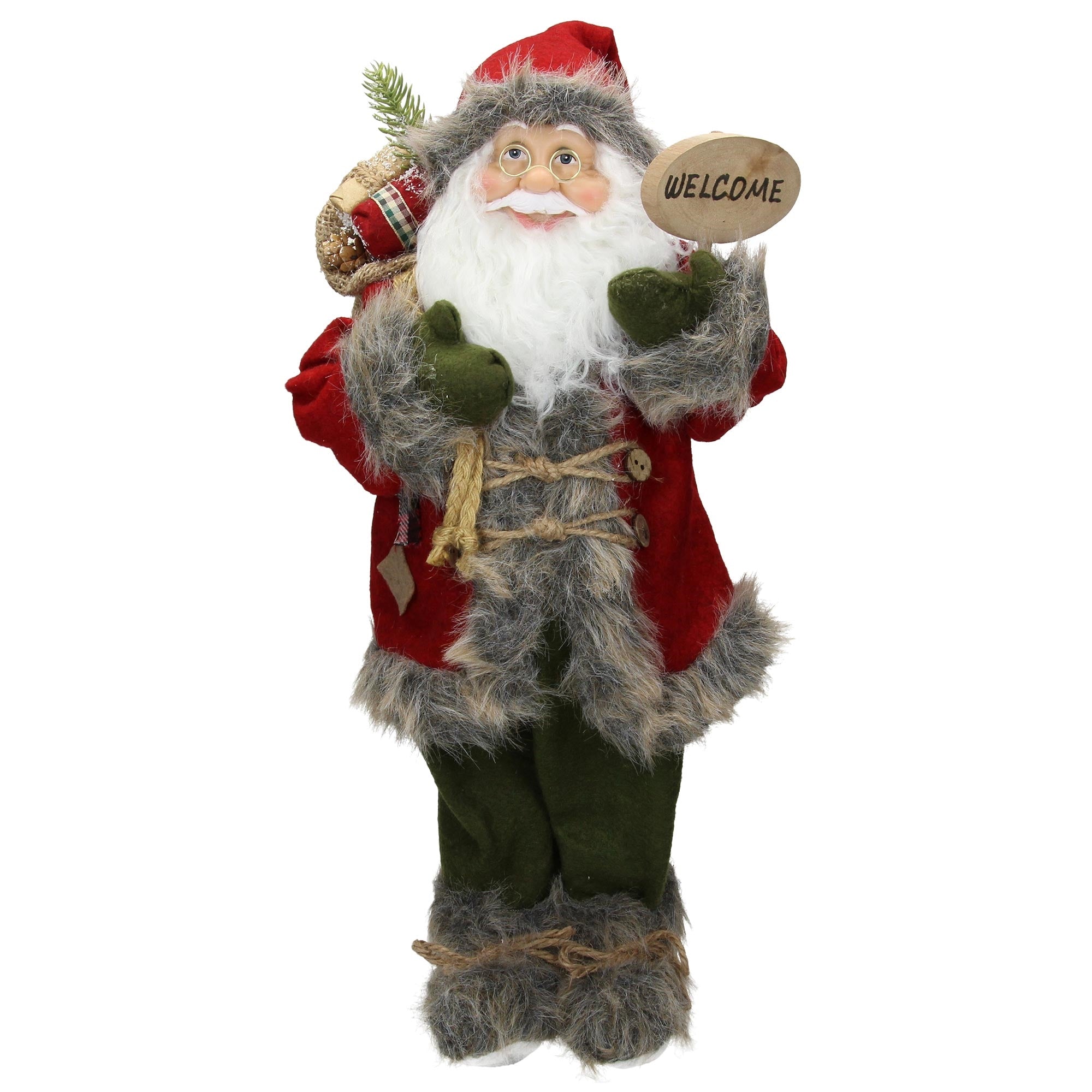 Ein Weihnachtsmann mit grauem Bart hält ein Schild mit der Aufschrift 'WELCOME'.