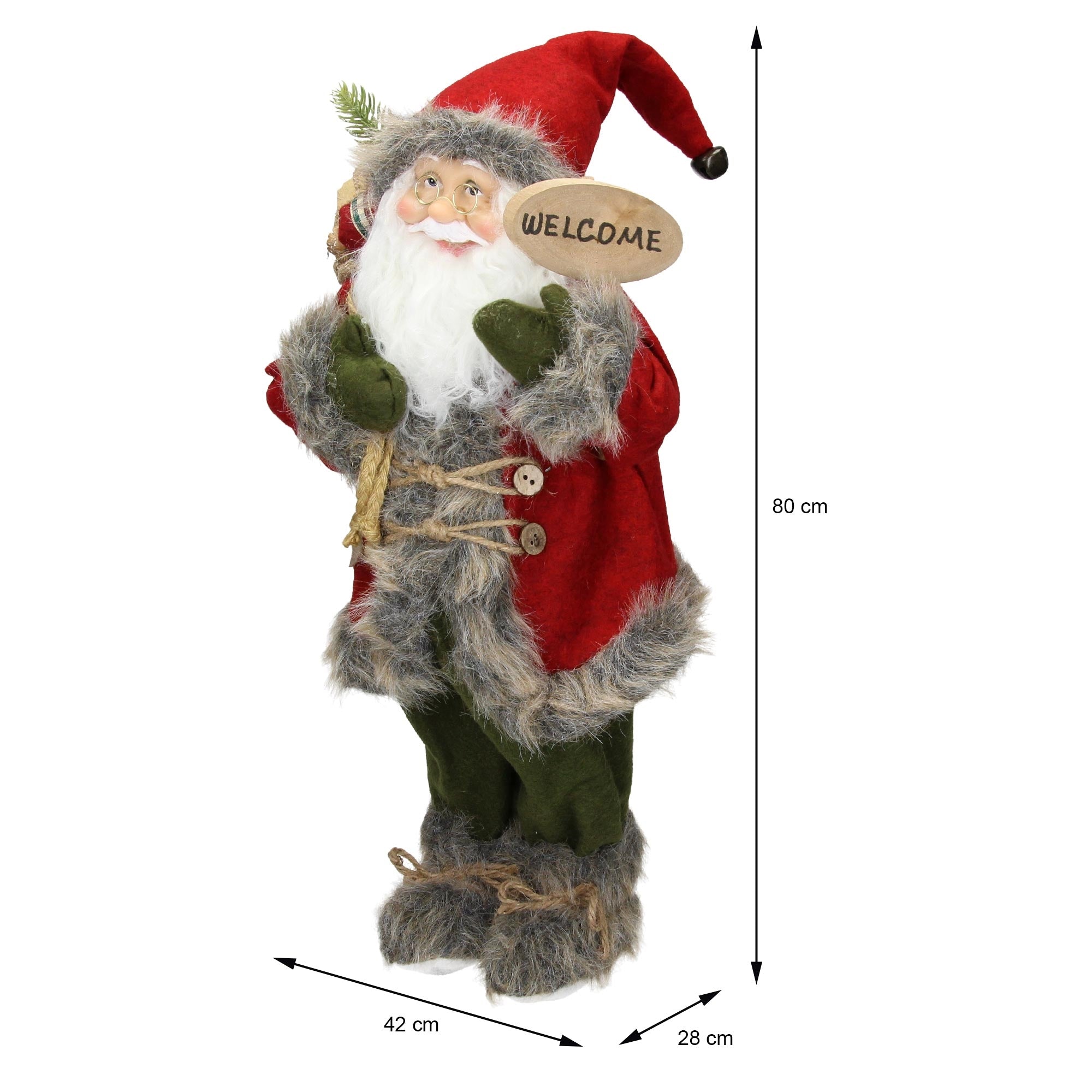 Weihnachtsmann in rotem Anzug mit Willkommensschild, 80 cm hoch.
