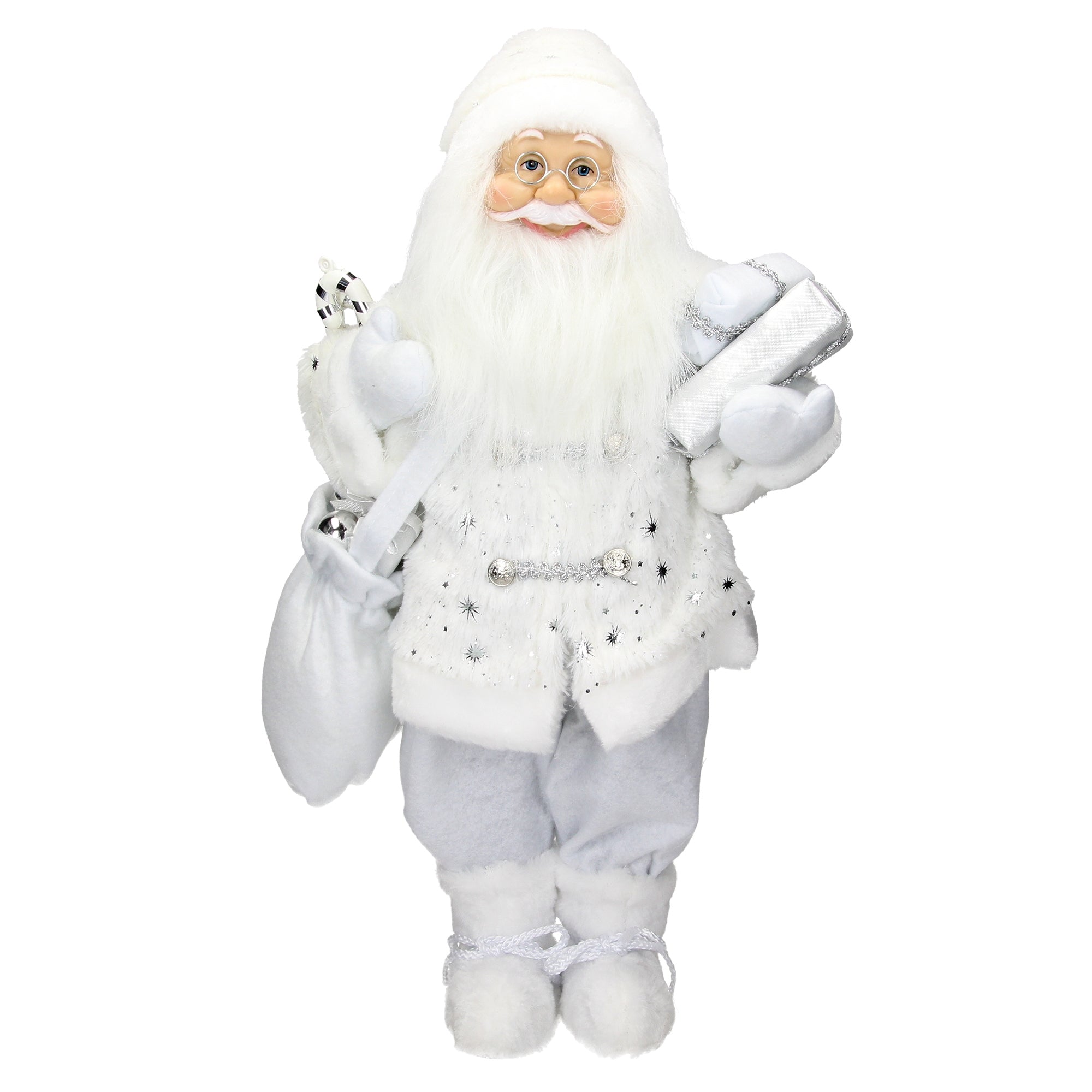 Ein Weihnachtsmann mit weißem Bart trägt Geschenke und einen Sack.