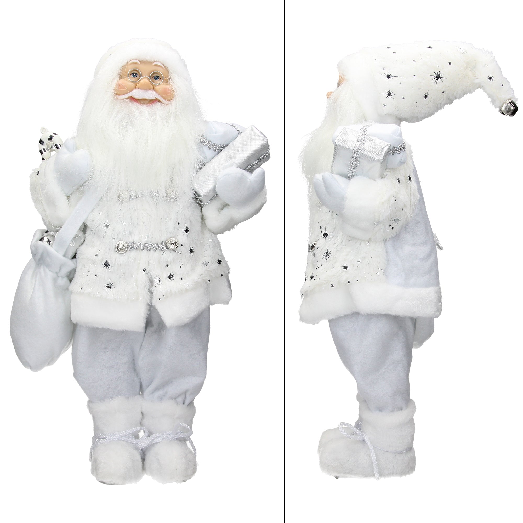 Weihnachtsmann in weißem Anzug mit Geschenken, frontal und seitlich abgebildet.