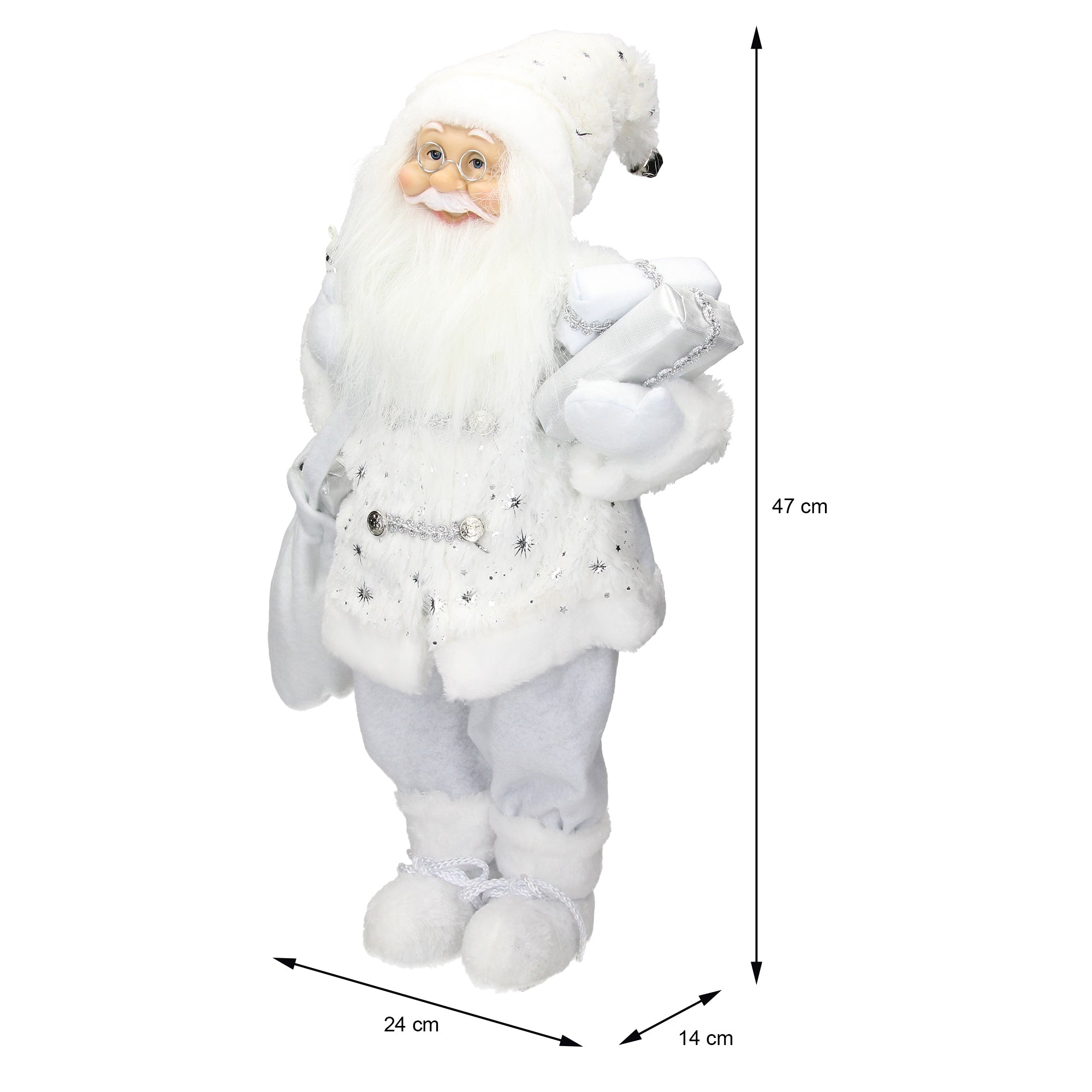 Weihnachtsmann in weißem Anzug, 47 cm hoch, mit Geschenken.