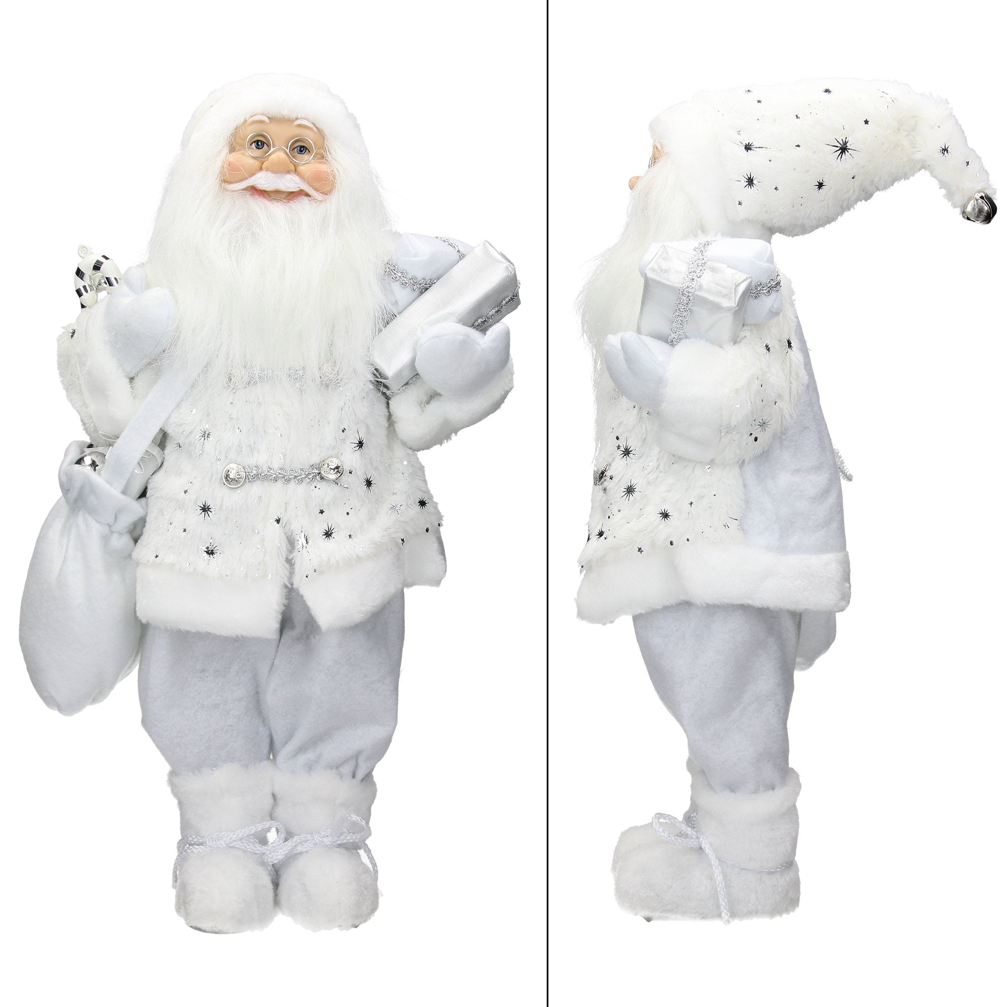 Weihnachtsmann in weißem Anzug mit Geschenken, frontal und seitlich abgebildet.