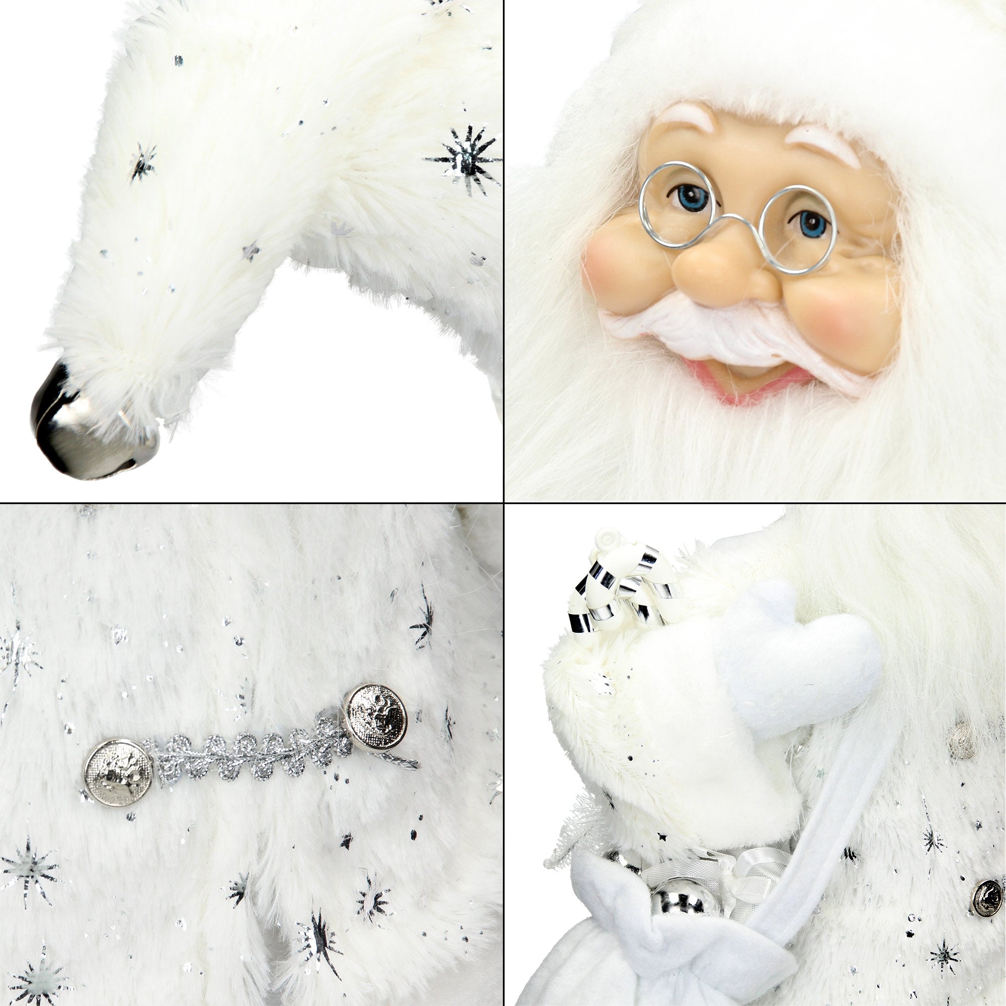 Detailansicht eines weißen Weihnachtsmanns mit Brille und weißem Bart, umgeben von glitzernde
