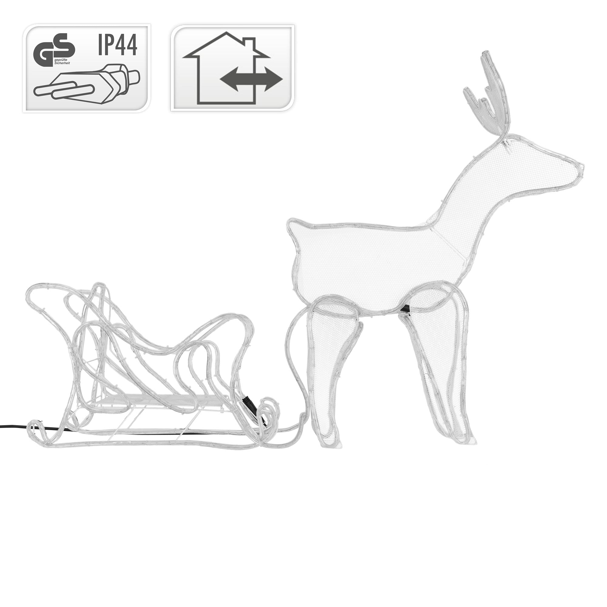 Drahtgestell eines Rentiers und Schlitten, beide unbeleuchtet.