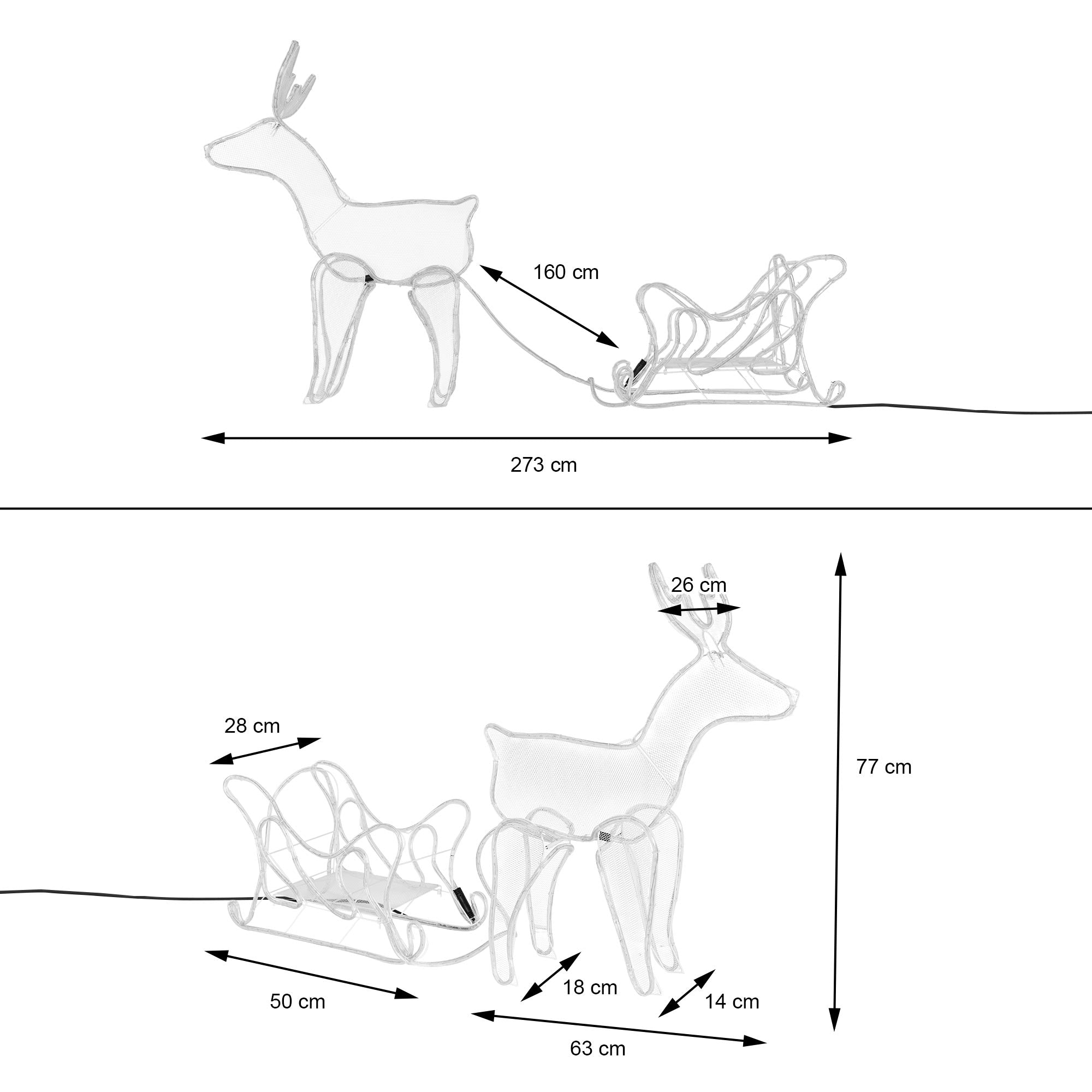 Skizze eines Rentiers mit Schlitten, Maße in cm angegeben.