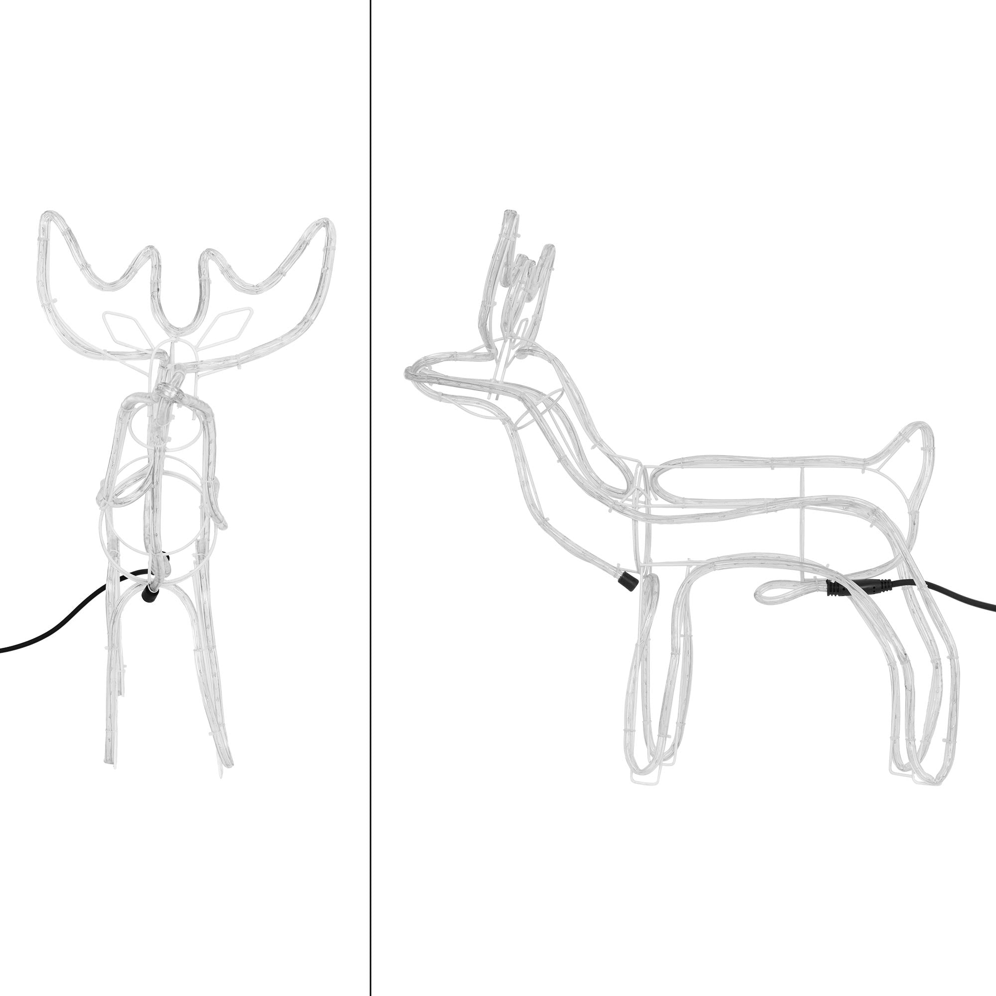 Zwei transparente Rentierfiguren, eine mit Geweih, eine ohne.