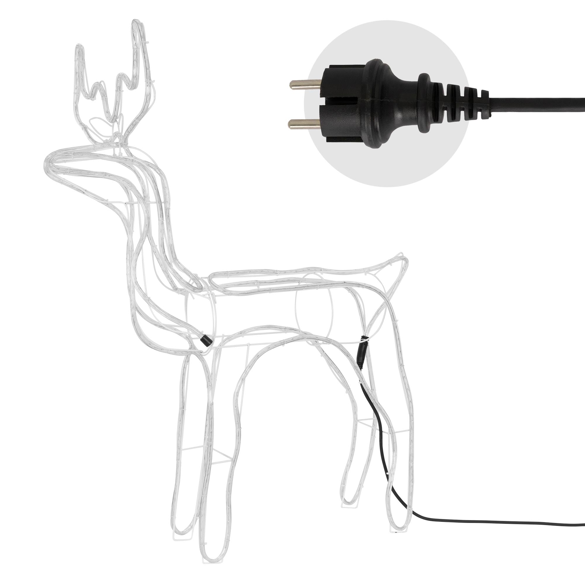 Gennemsigtig lampe i form af et rensdyr med kabeltilslutning.