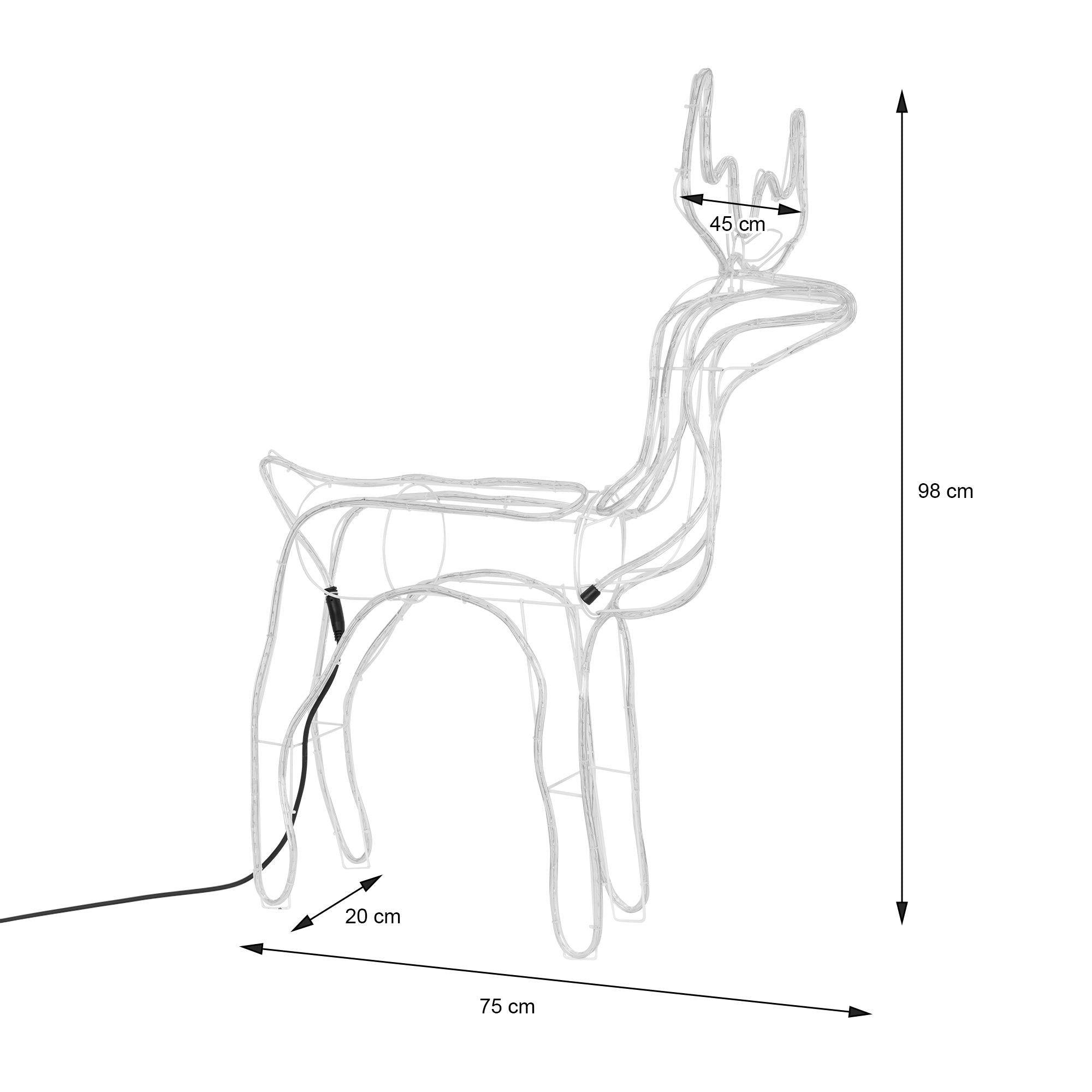 Skitse af et rådyr med mål: Højde 98 cm, Bredde 75 cm, Dybde 20 cm.