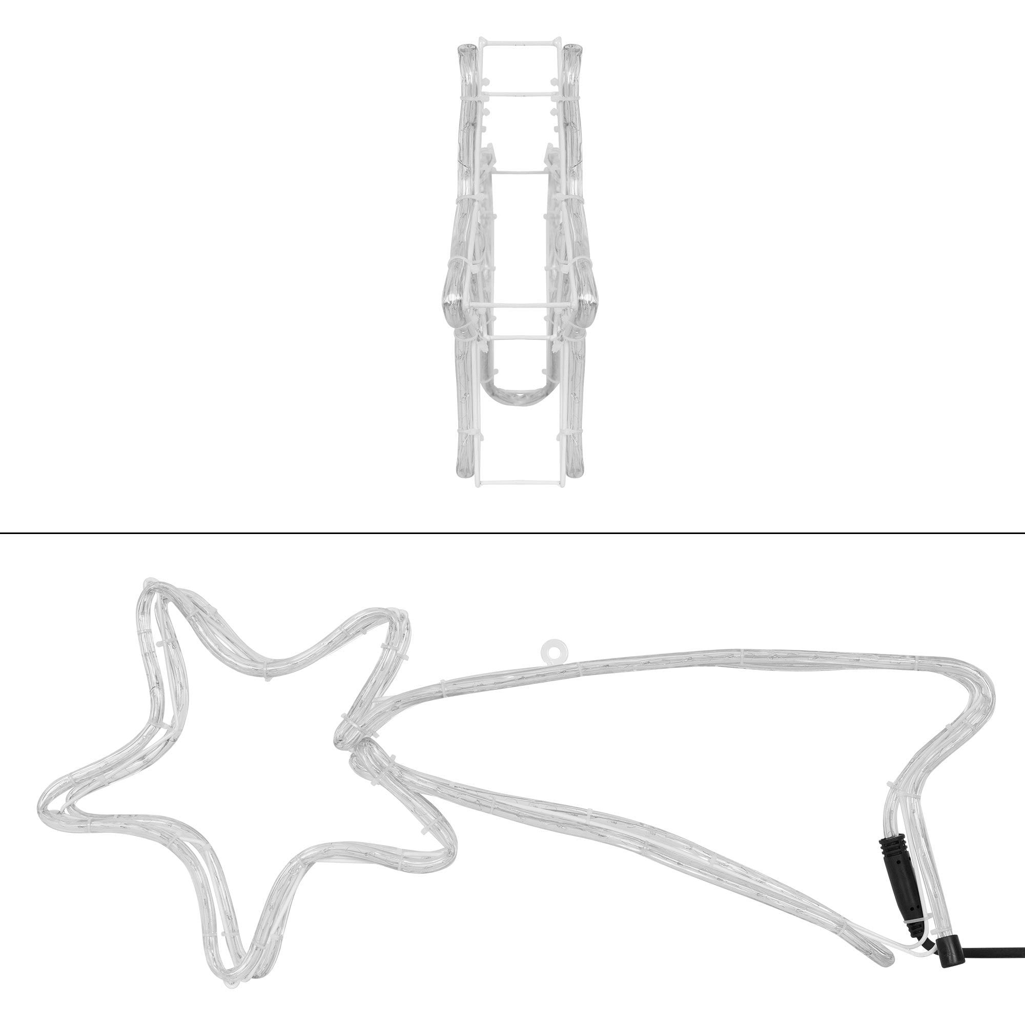 Transparente Lichterform eines Sterns und eines Baumes, von vorne und hinten gezeigt.