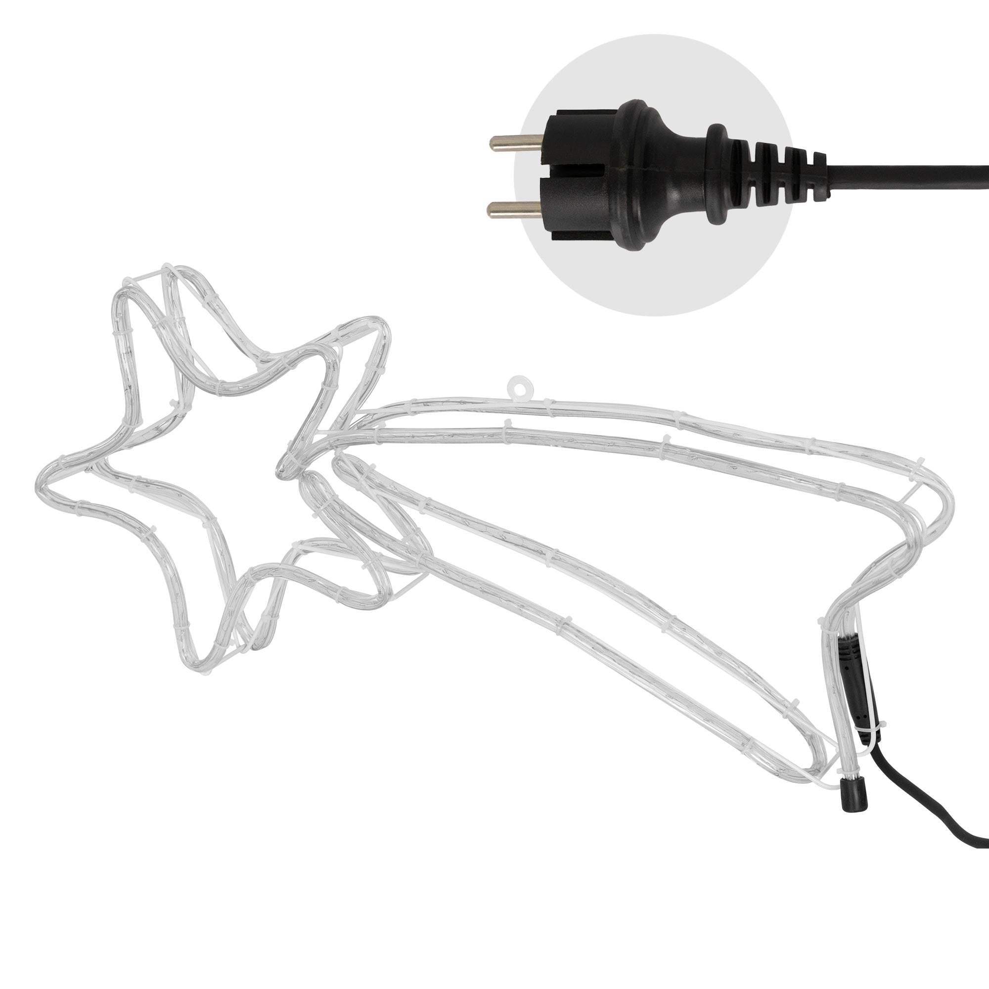 Lichtschlauch in Form eines Sterns mit Kabel und Stecker.