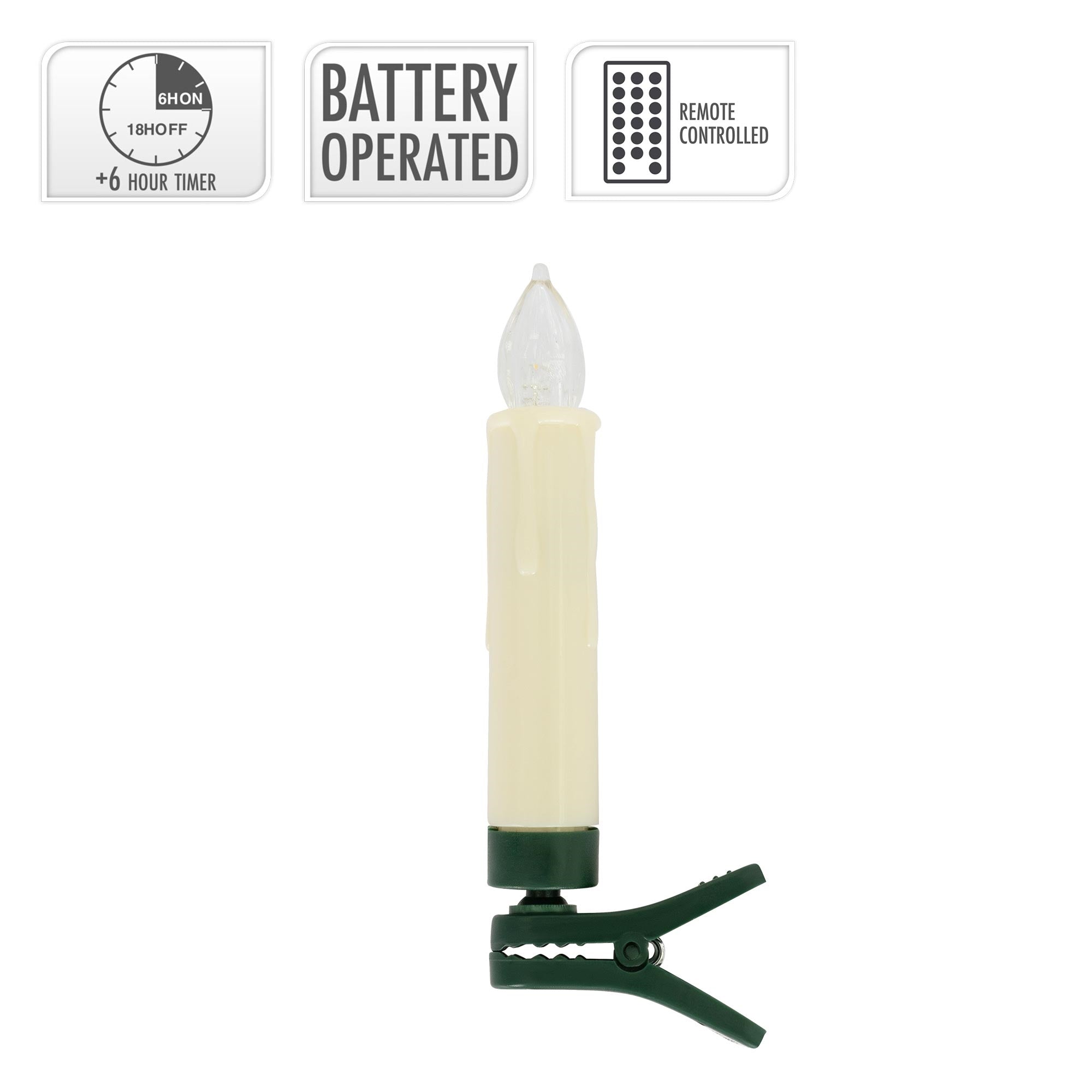 Single battery-operated candle with clip and technical symbols.