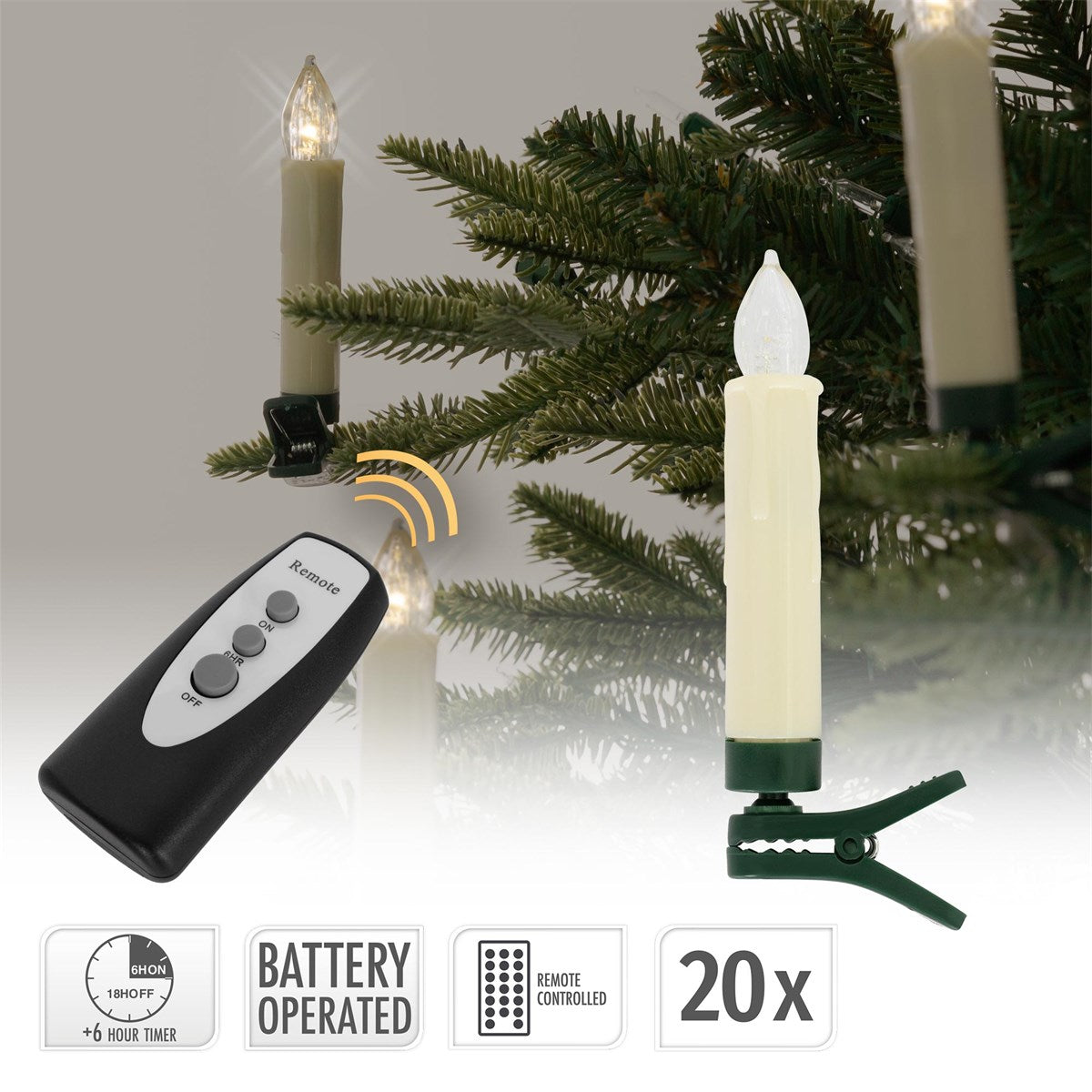 Bougie à piles avec télécommande, fixée à un sapin de Noël.