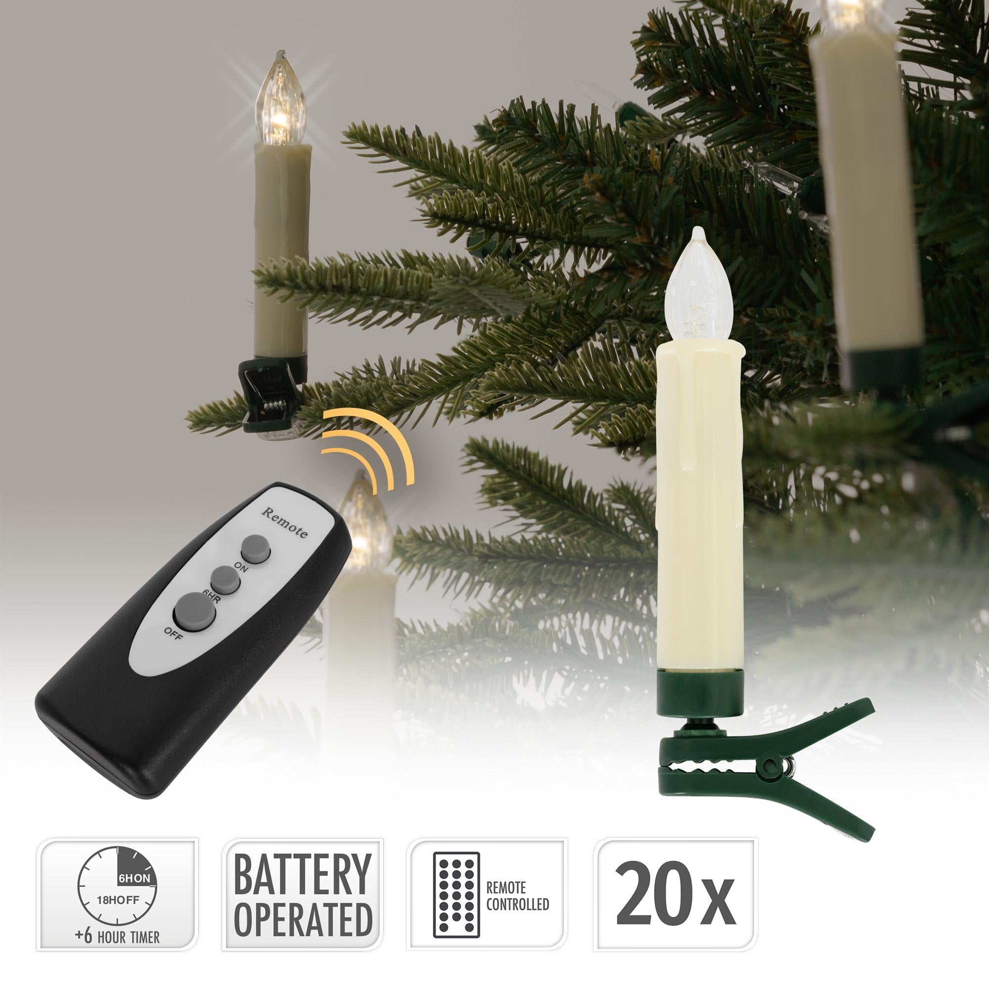 Battery-operated candle with remote control, attached to a Christmas tree.